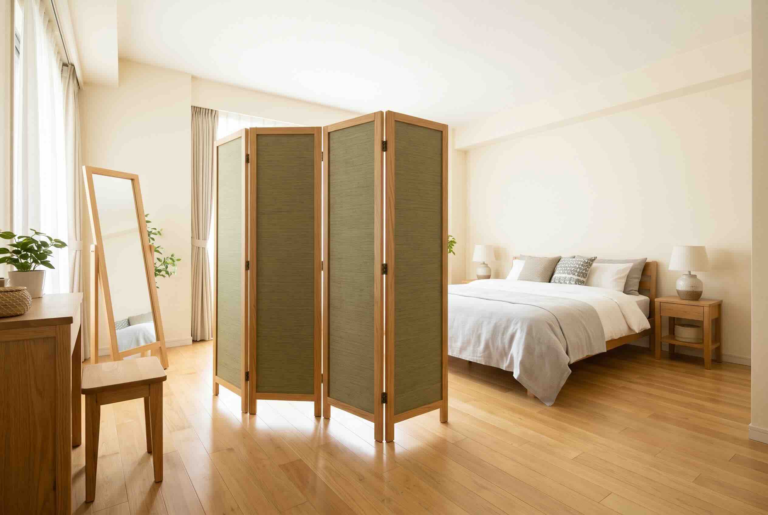 A freestanding folding screen positioned to create a separate dressing area in a bedroom.