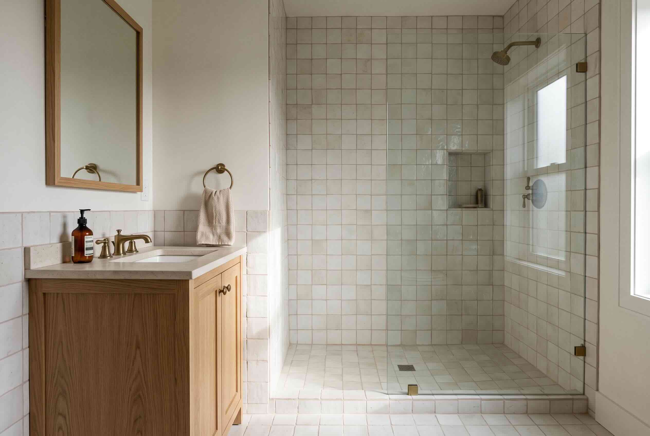 A glass-enclosed shower stall with light square tiles matching the lower half of the bathroom walls.