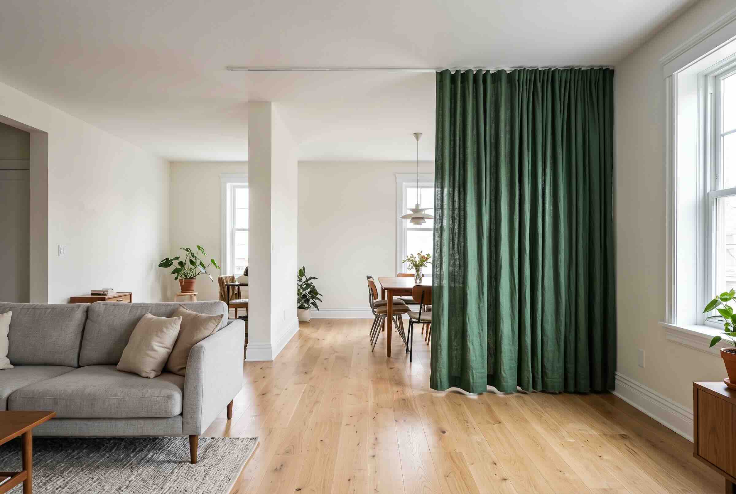 A green ceiling-track curtain partially drawn to separate a living area from a dining space.