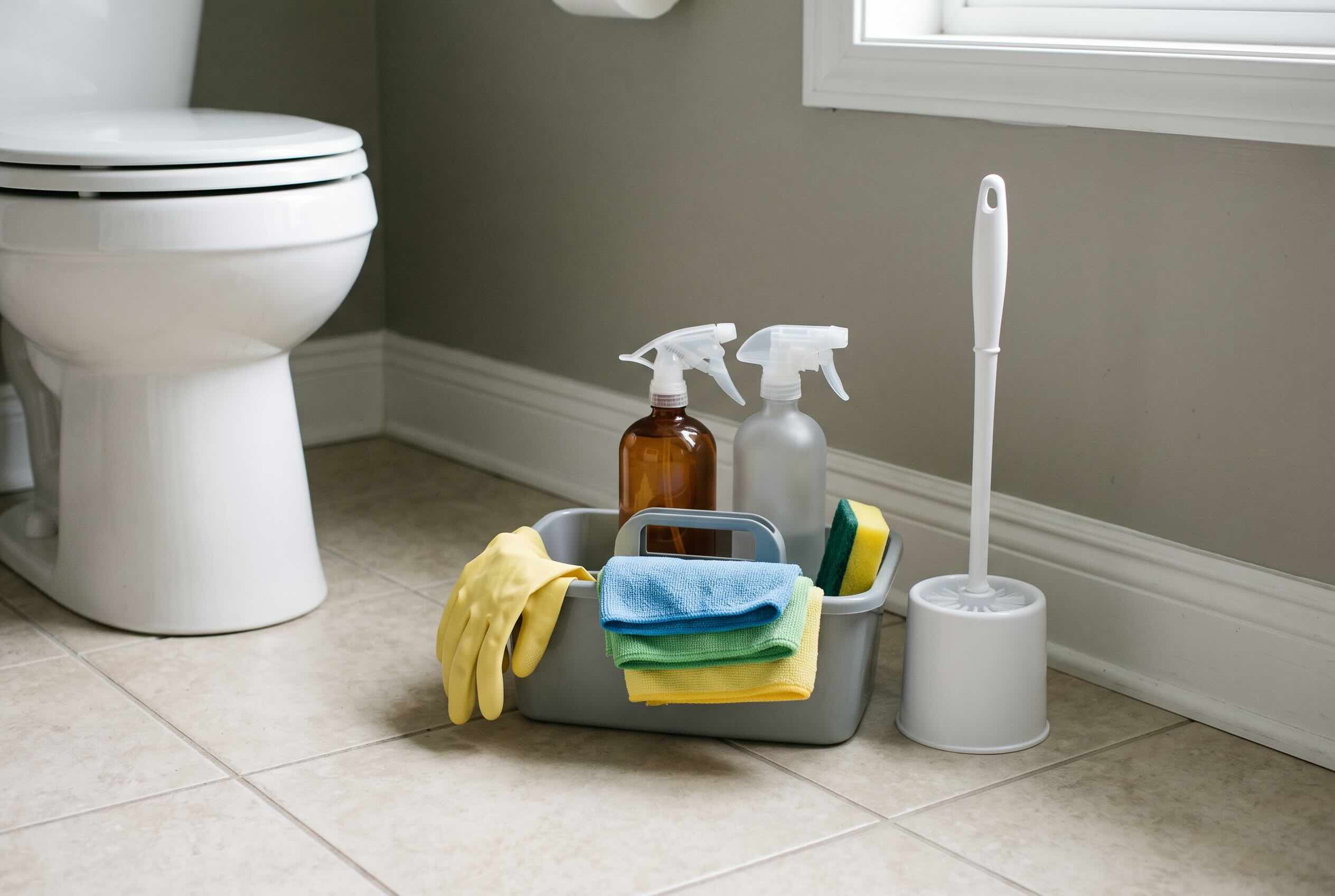 A gray cleaning caddy filled with supplies and gloves next to a toilet brush.