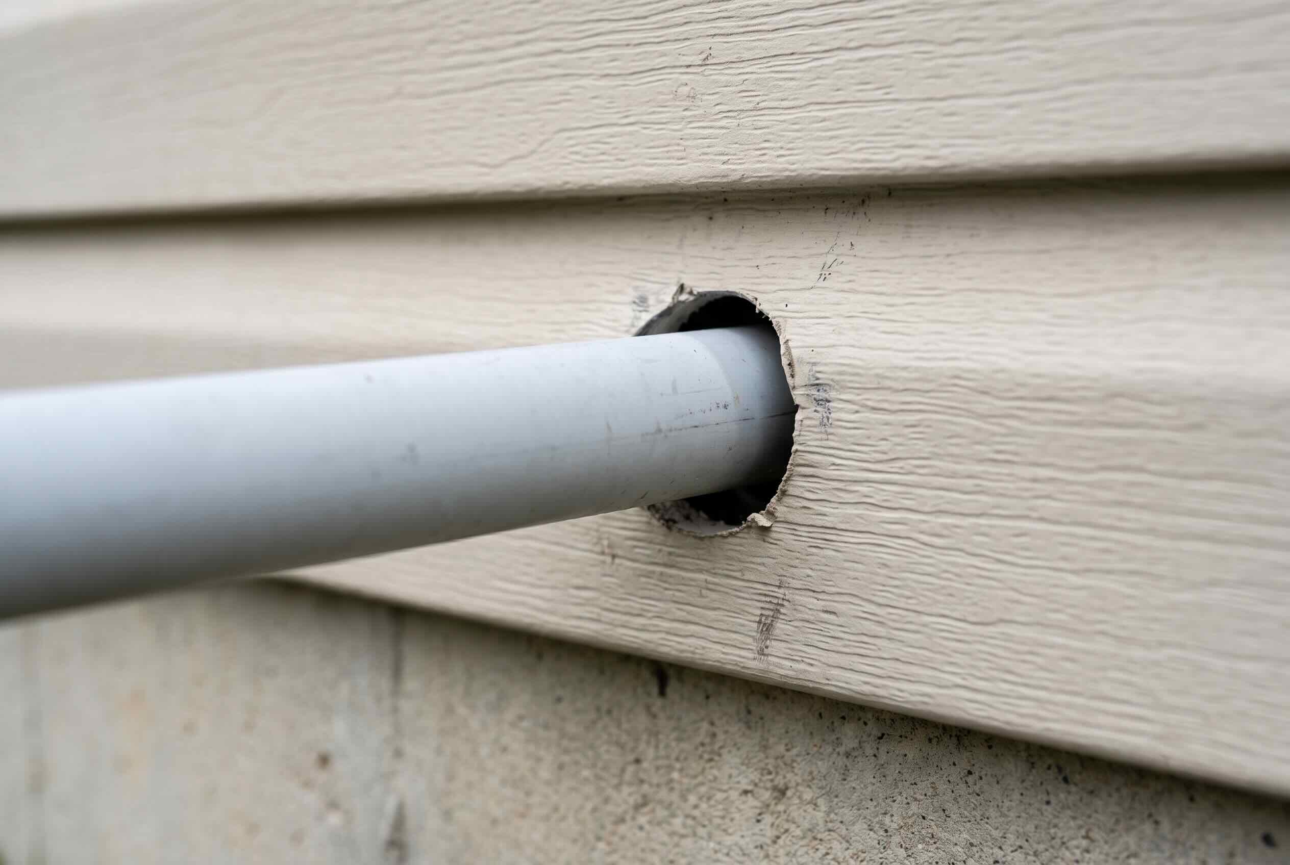 A grey PVC pipe passing through a large, unsealed hole in beige vinyl house siding.