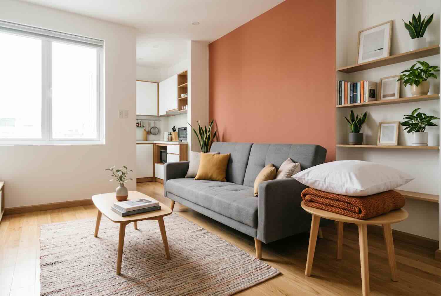 A grey sofa bed in a living space that doubles as a sleeping area.