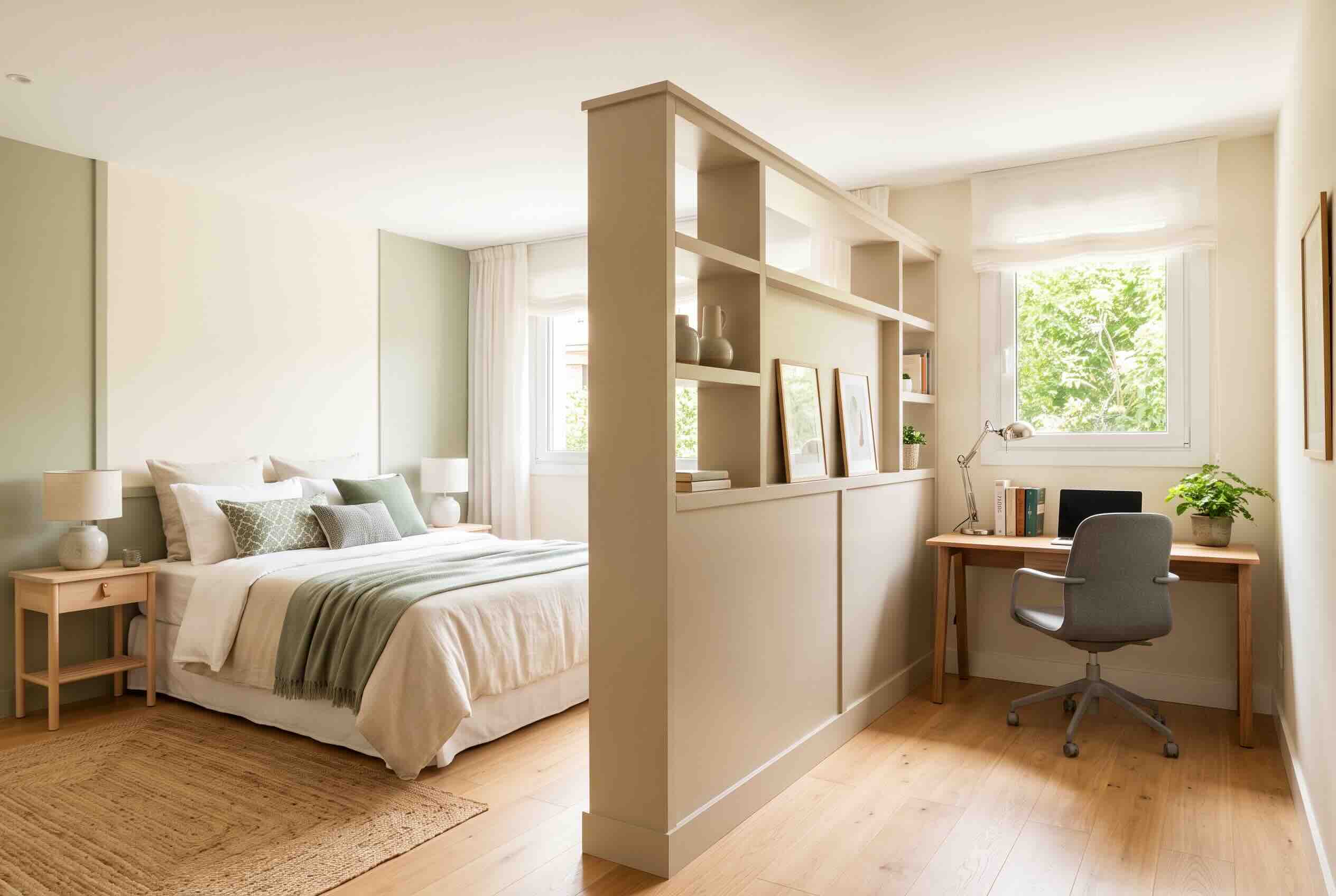 A half wall with built-in shelving separating a sleeping area from a small home office setup.
