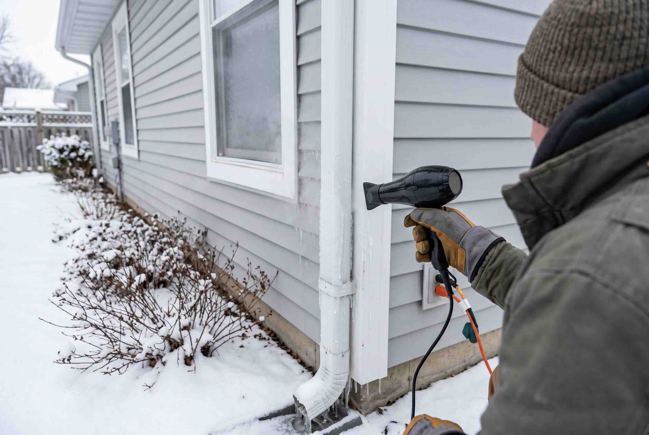 A handheld hairdryer applying heat to the exterior of a frozen metal downspout.