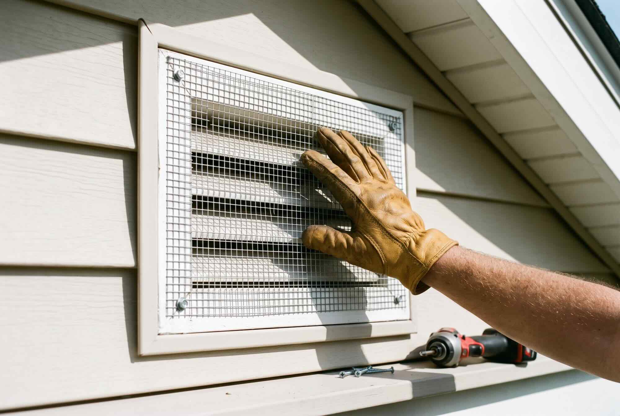 A heavy wire hardware cloth screen secured over a white exterior foundation vent.