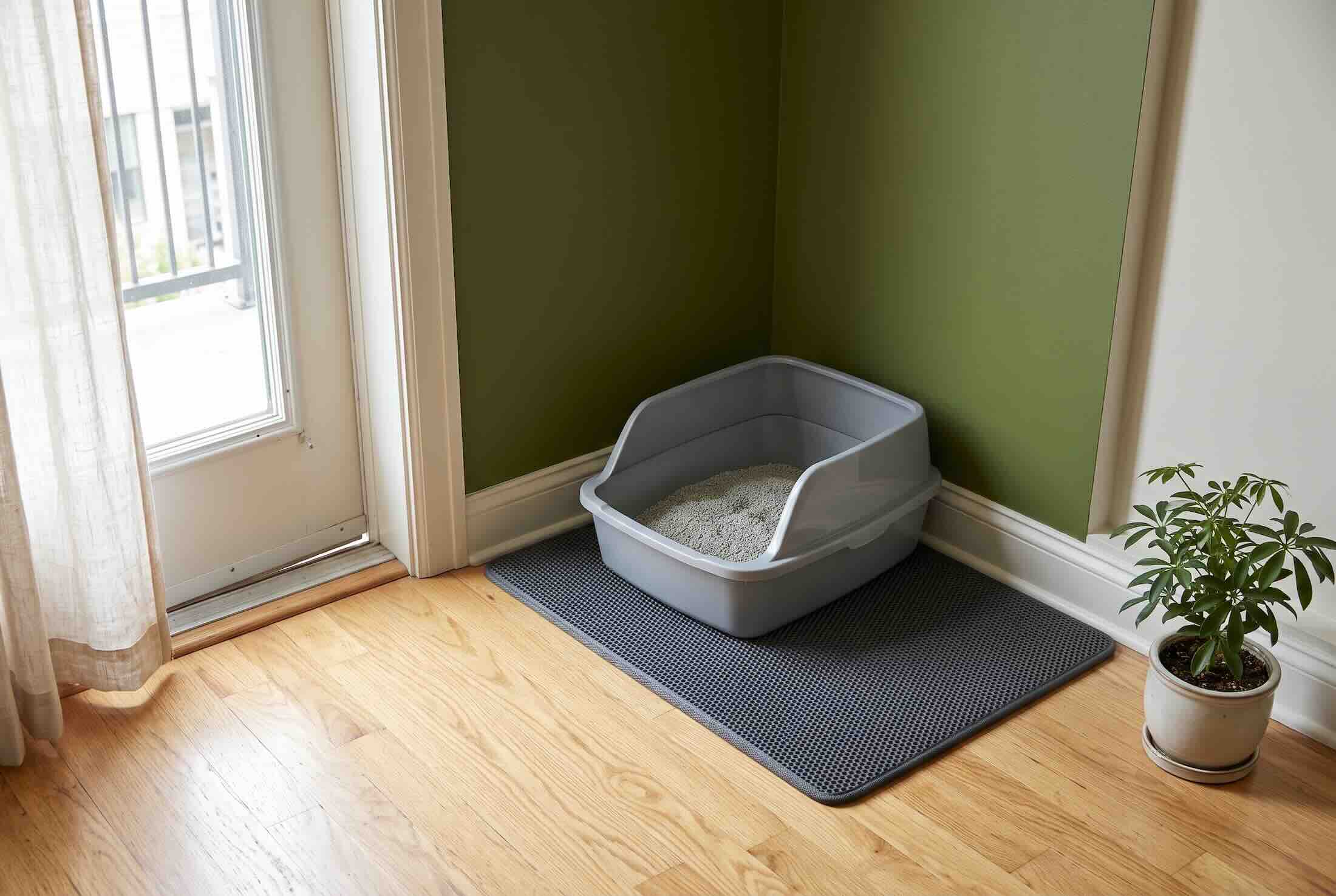 A high-sided litter box placed on a grey mat in a corner near a glass patio door.