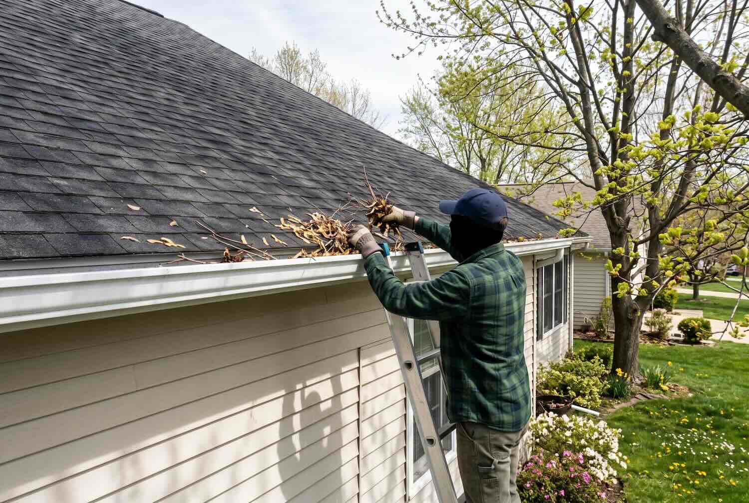 A ladder positioned near a roof gutter filled with twigs and spring debris.