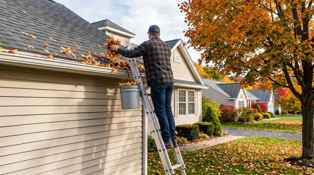 A ladder resting against a house next to a gutter packed with dry autumn leaves.