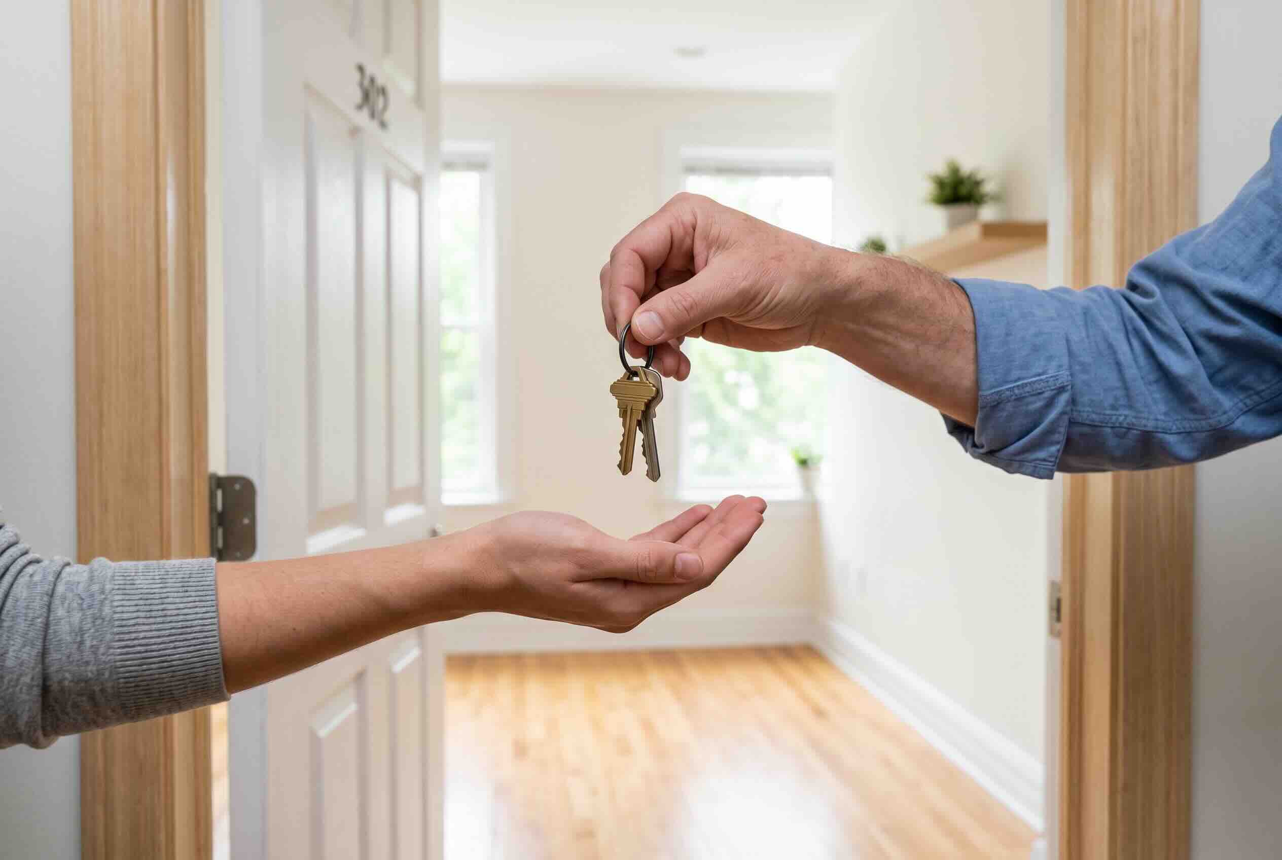 A landlord handing over a set of house keys to a new tenant at an apartment door.