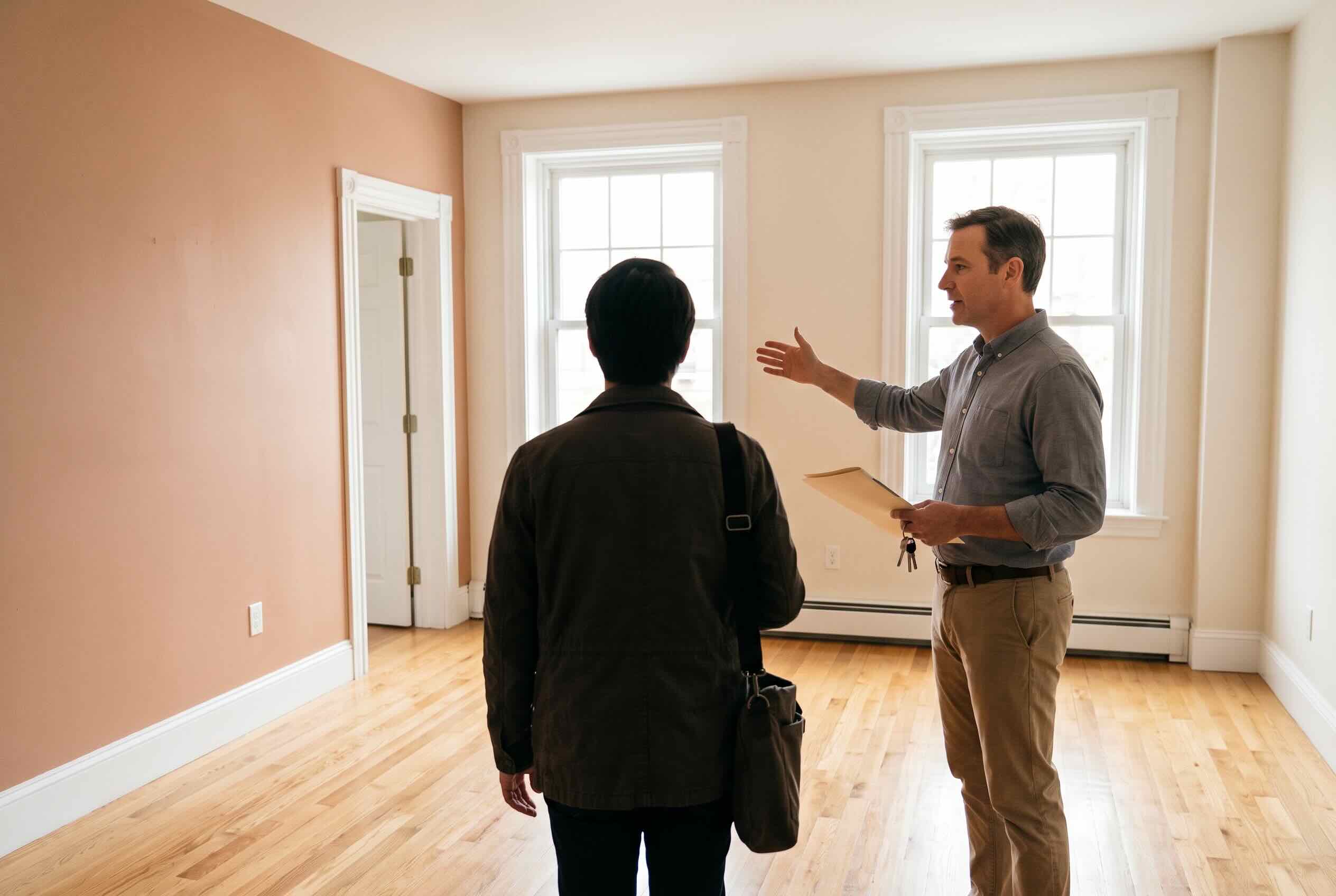 A landlord holding a clipboard while giving an apartment tour to a prospective tenant.
