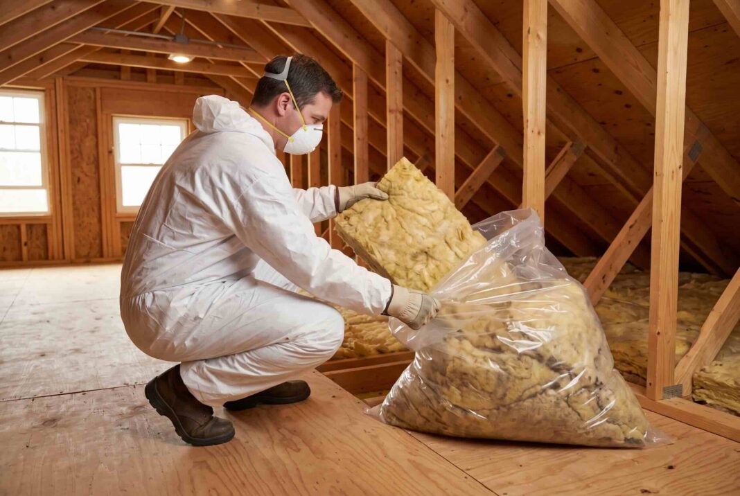 A large clear plastic bag being filled with old, soiled insulation material in an attic. 