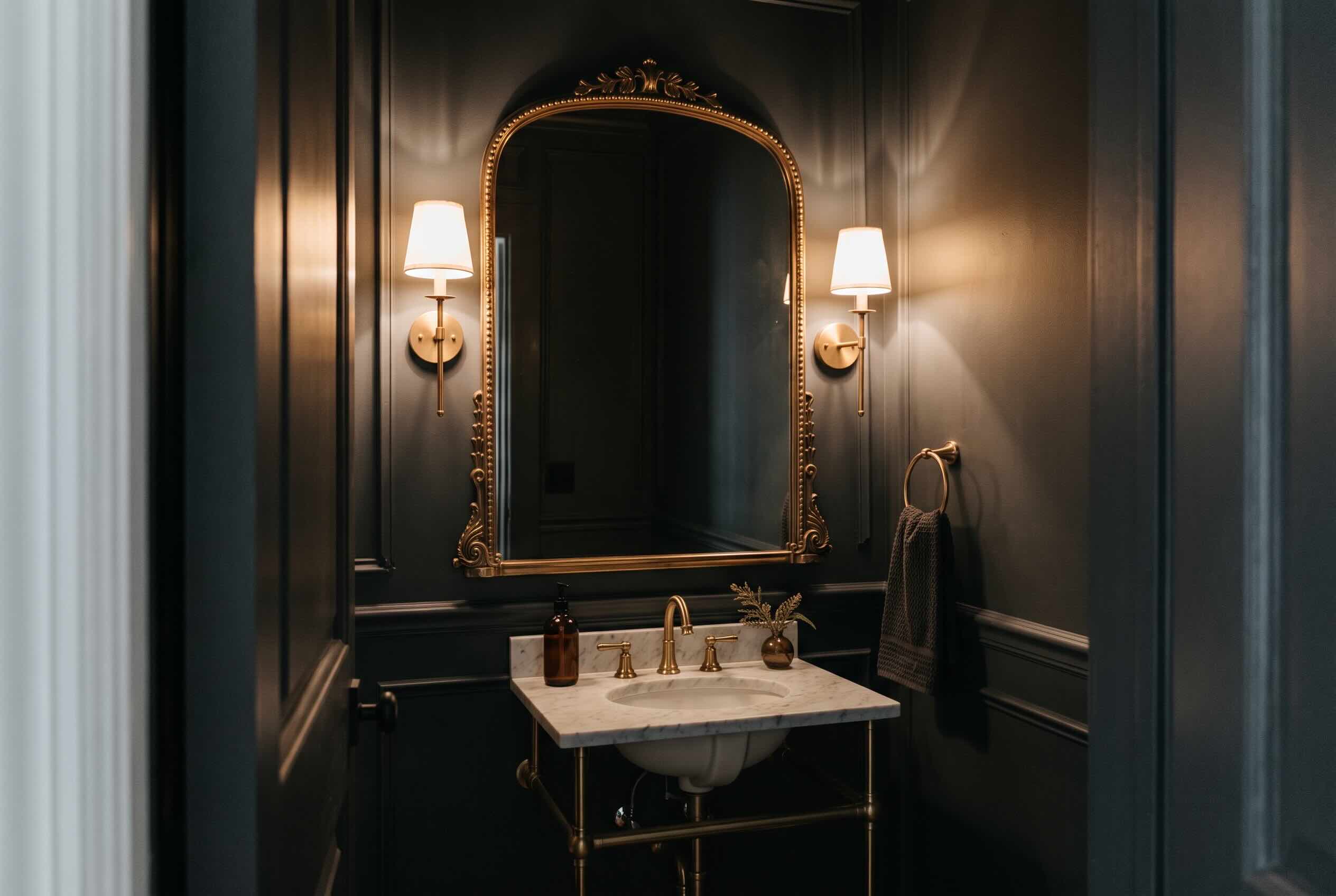 A large, ornate statement mirror reflecting warm light from sconces in a dark, jewel-box bathroom.