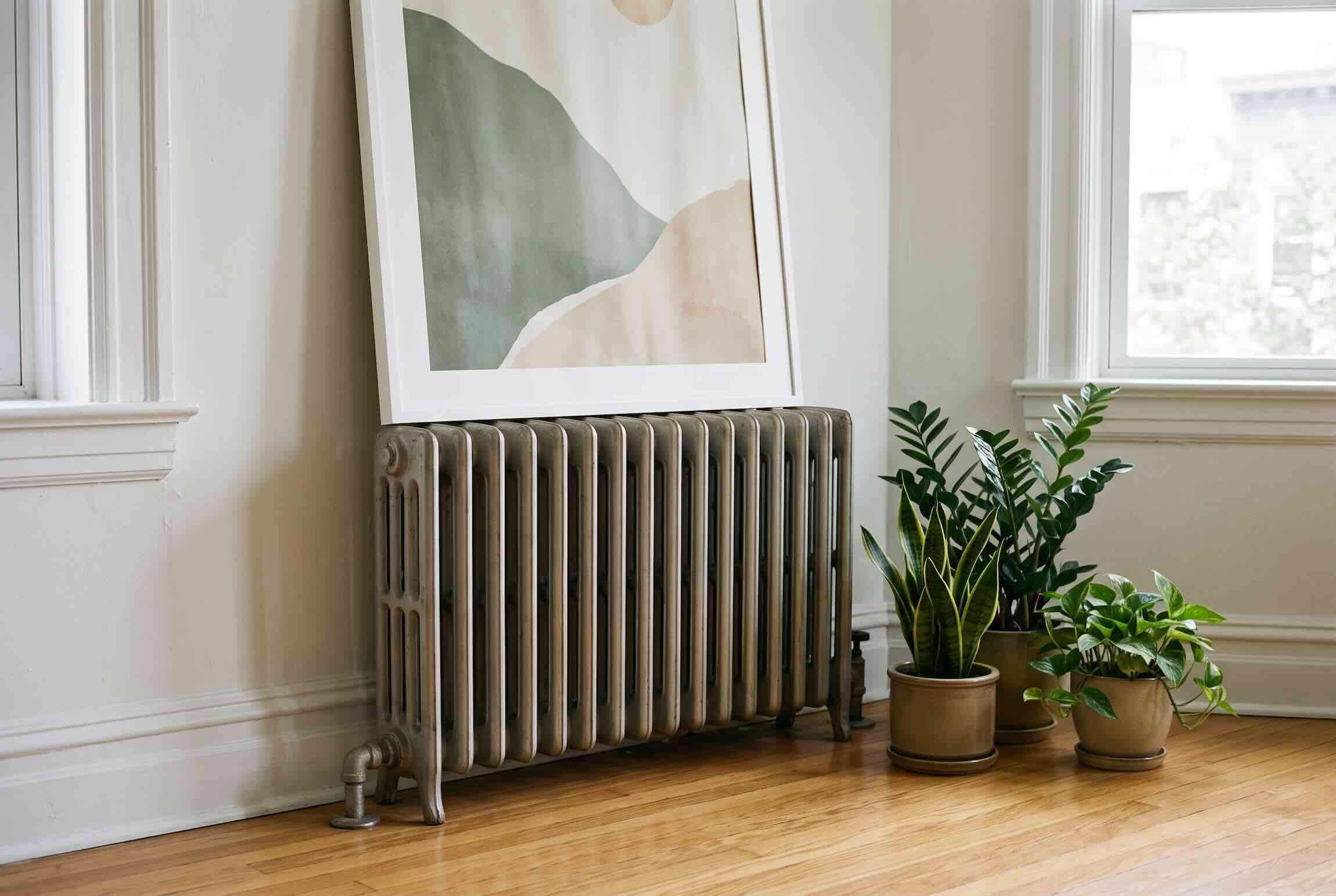 A large piece of framed art leaning against the wall above a metallic radiator.