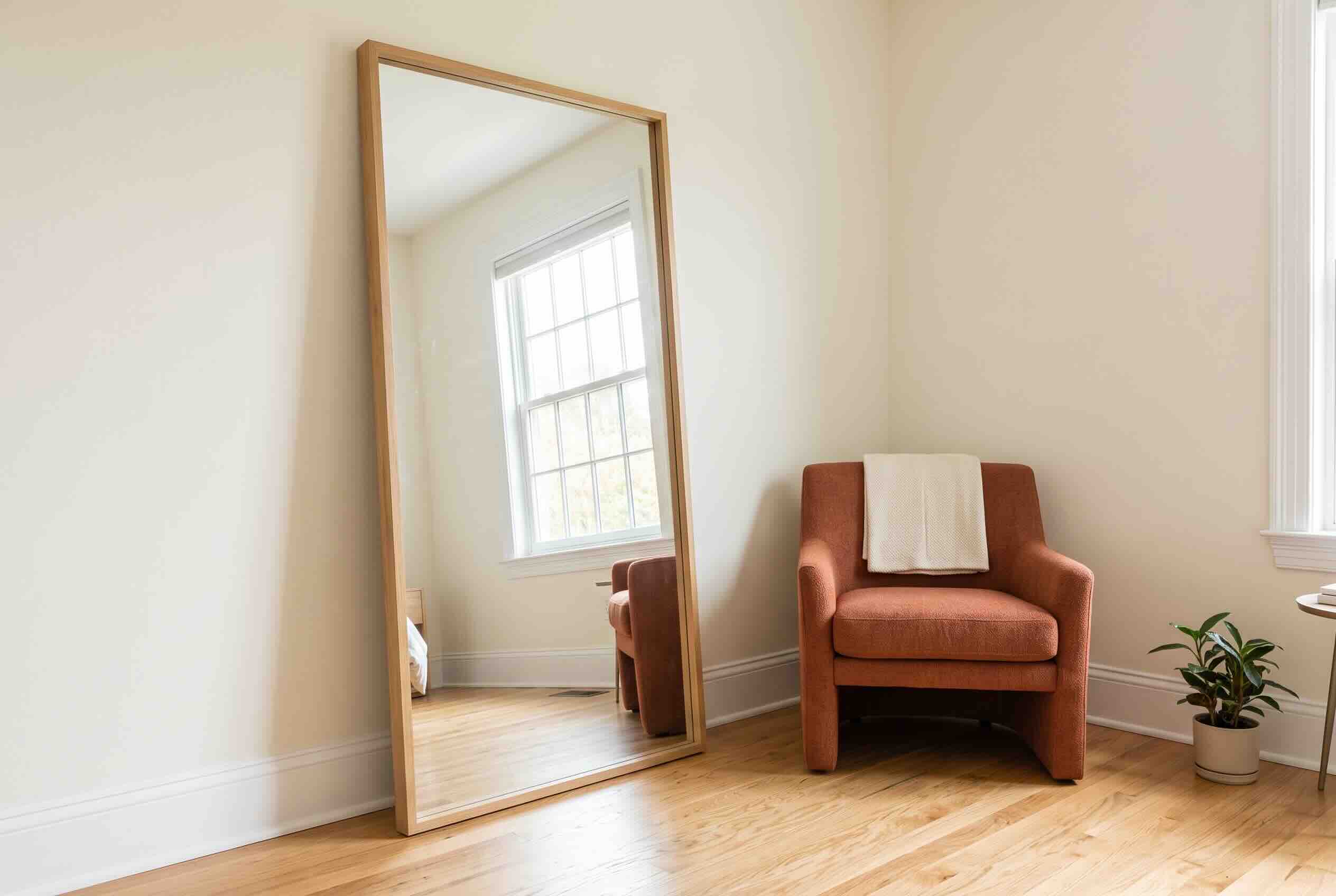 A large wooden floor mirror leaning against a corner wall next to an armchair. 