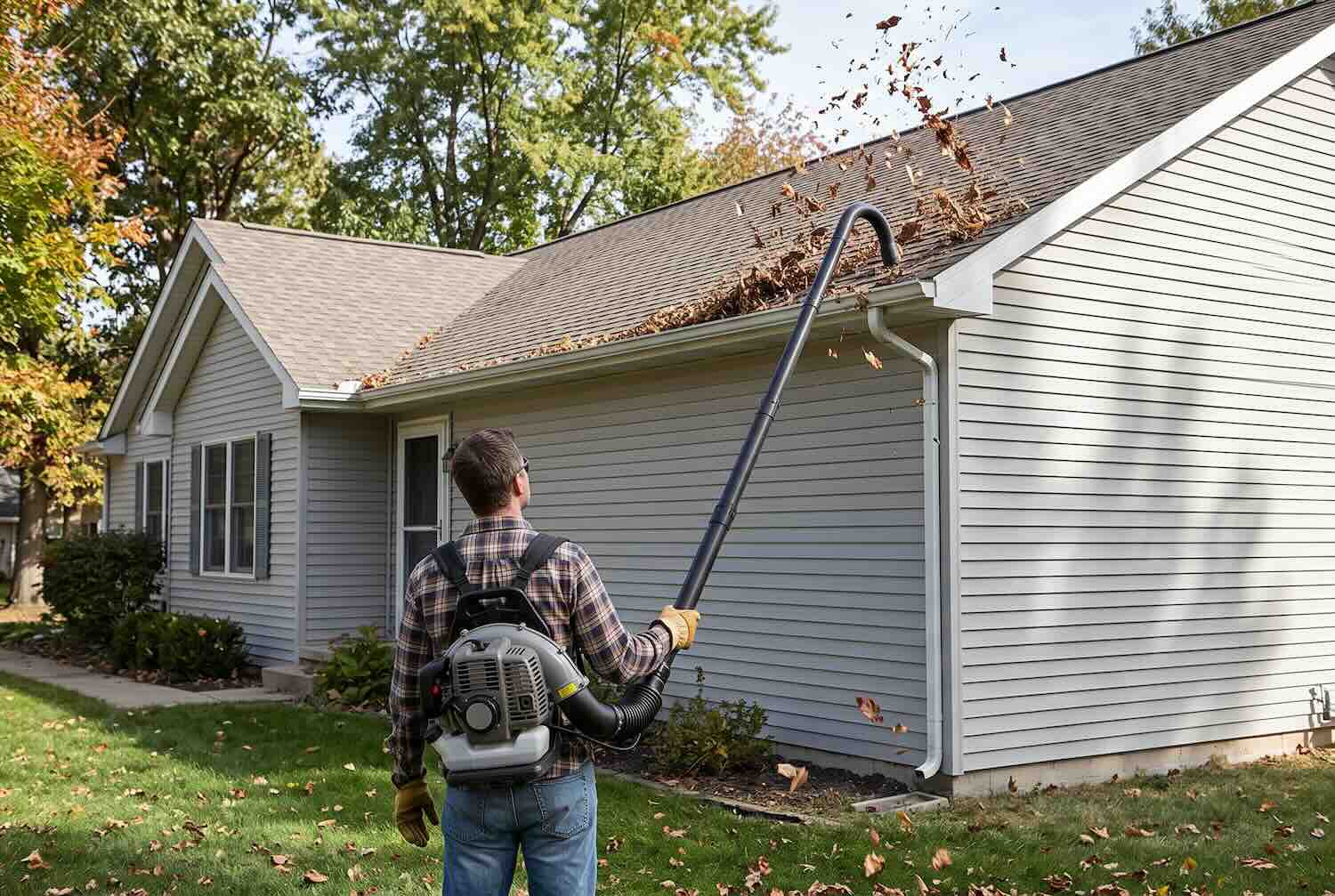 A leaf blower with a curved attachment blowing dry leaves from a gutter.