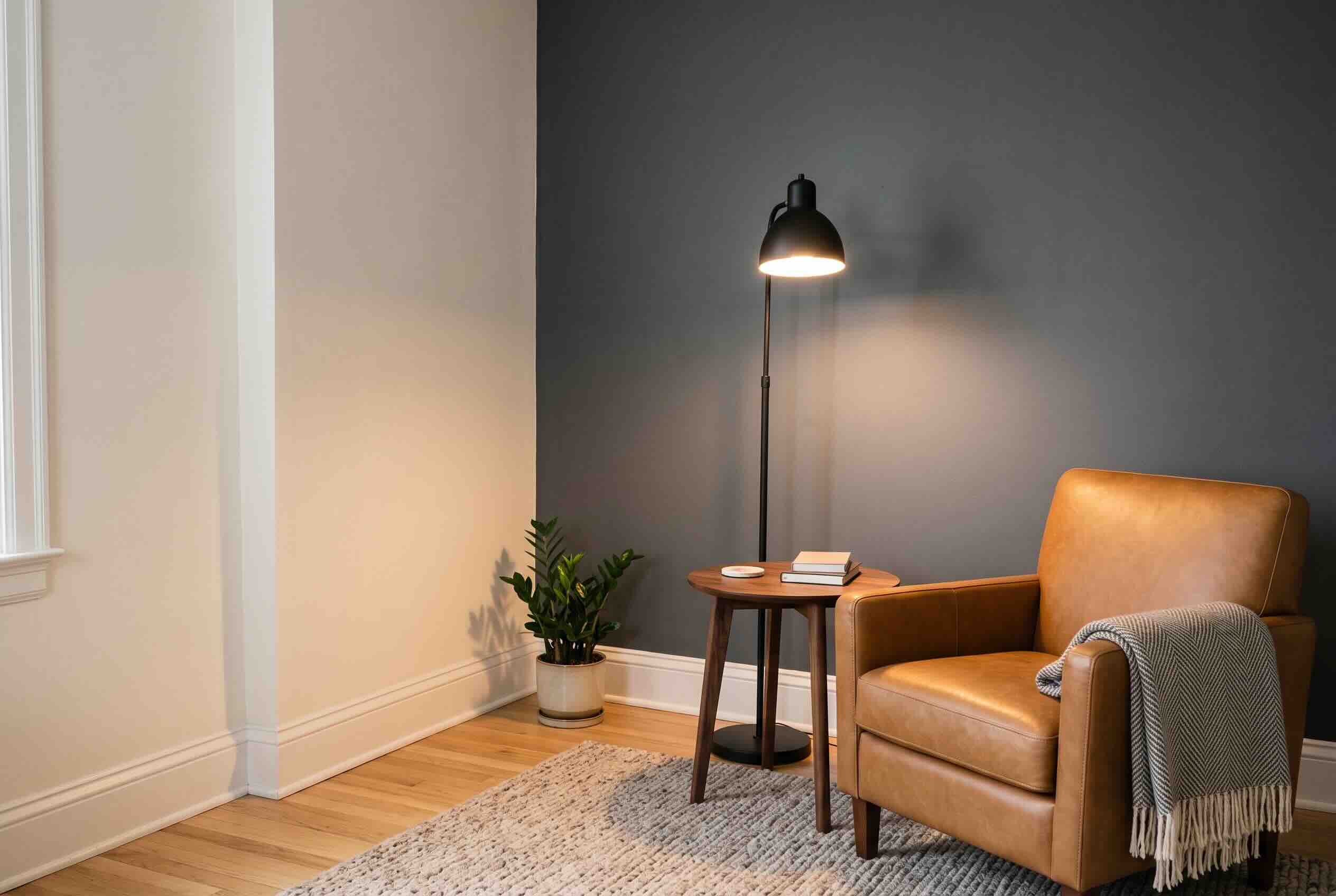 A leather armchair placed next to a black floor lamp against a dark grey accent wall.