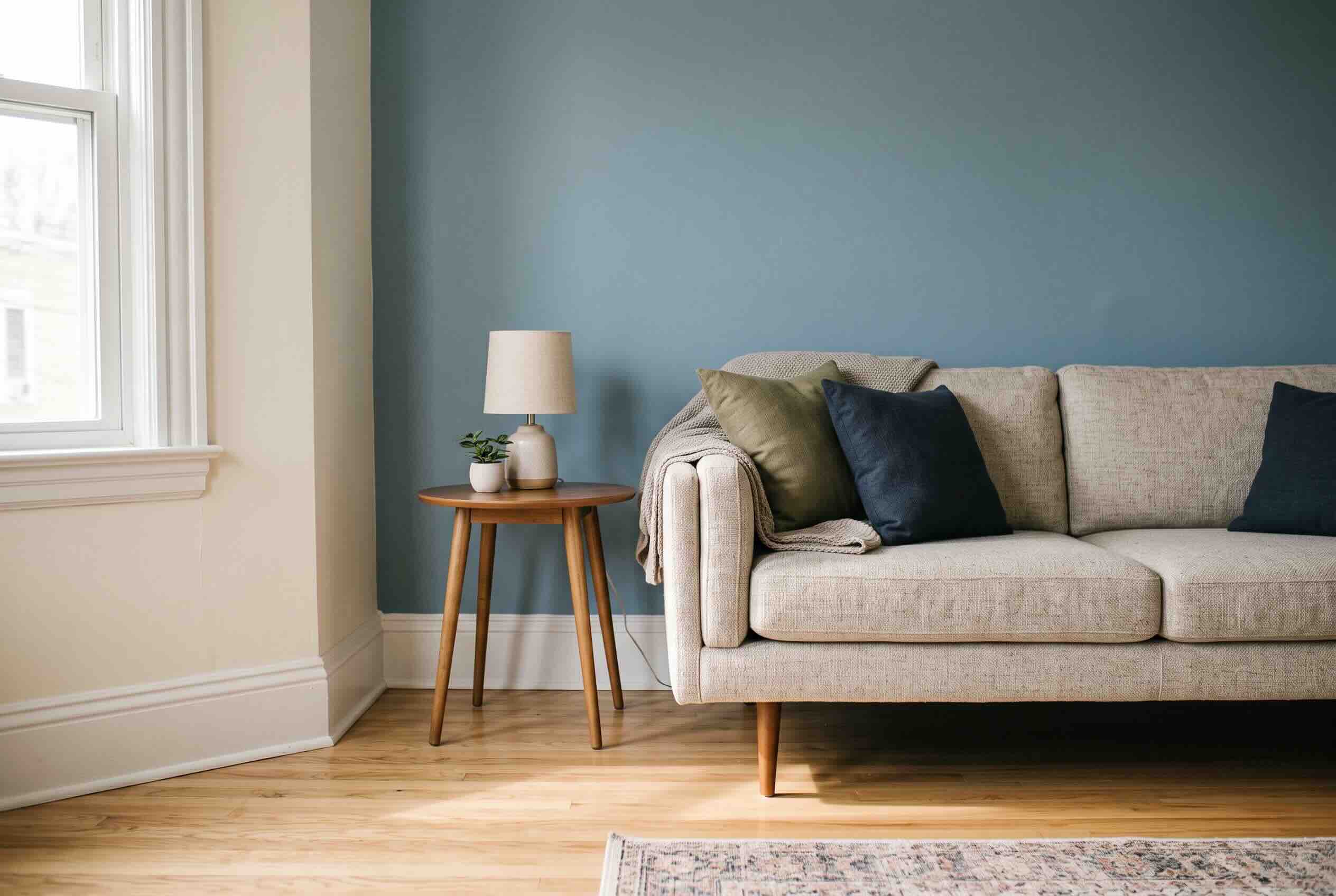 A light grey sofa with visible wooden legs sitting next to a small side table.
