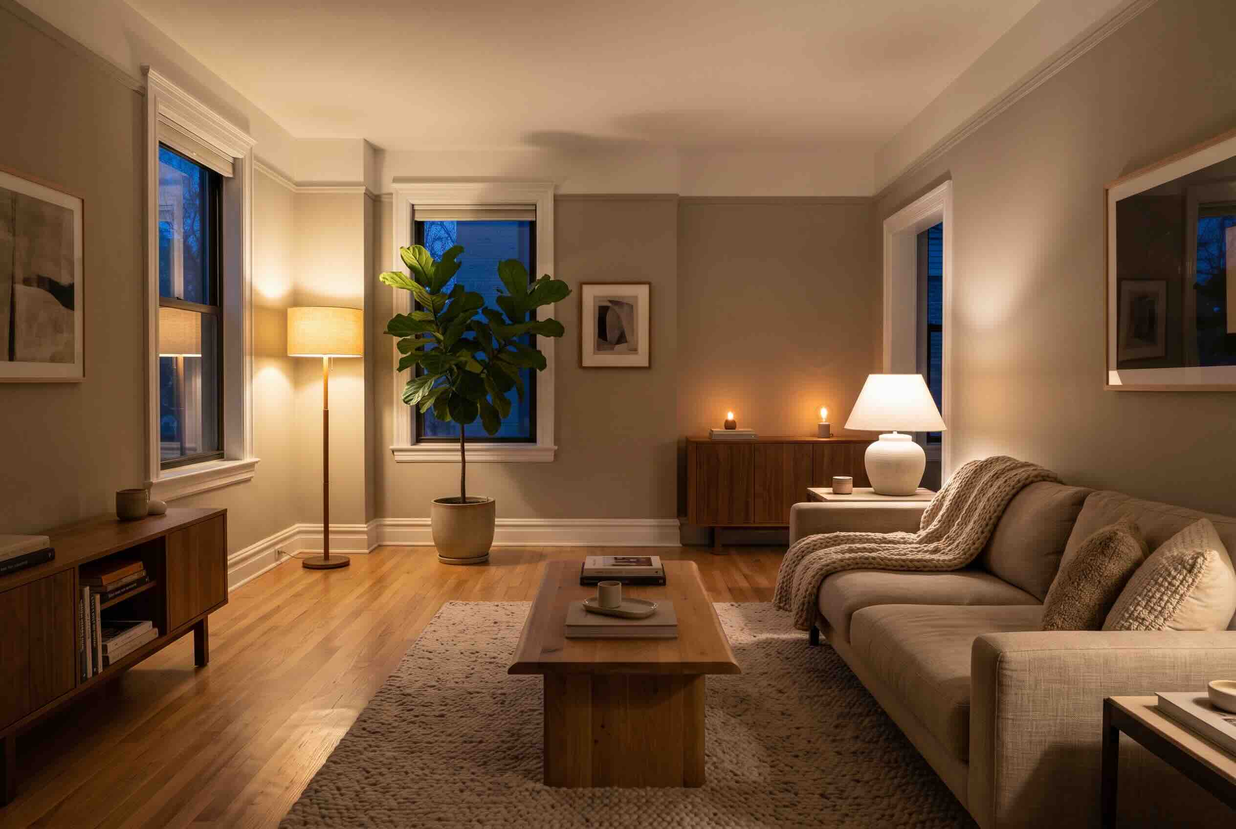 A living room lit by a floor lamp and a table lamp at dusk.