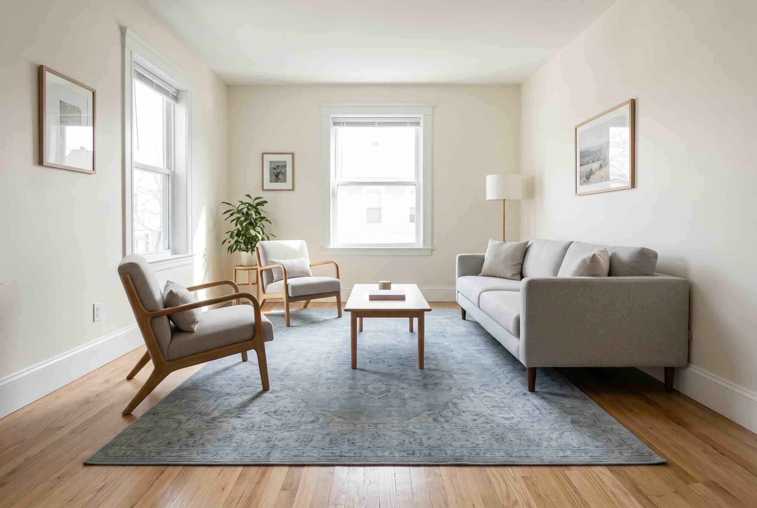A living room seating arrangement grounded by a large blue area rug.