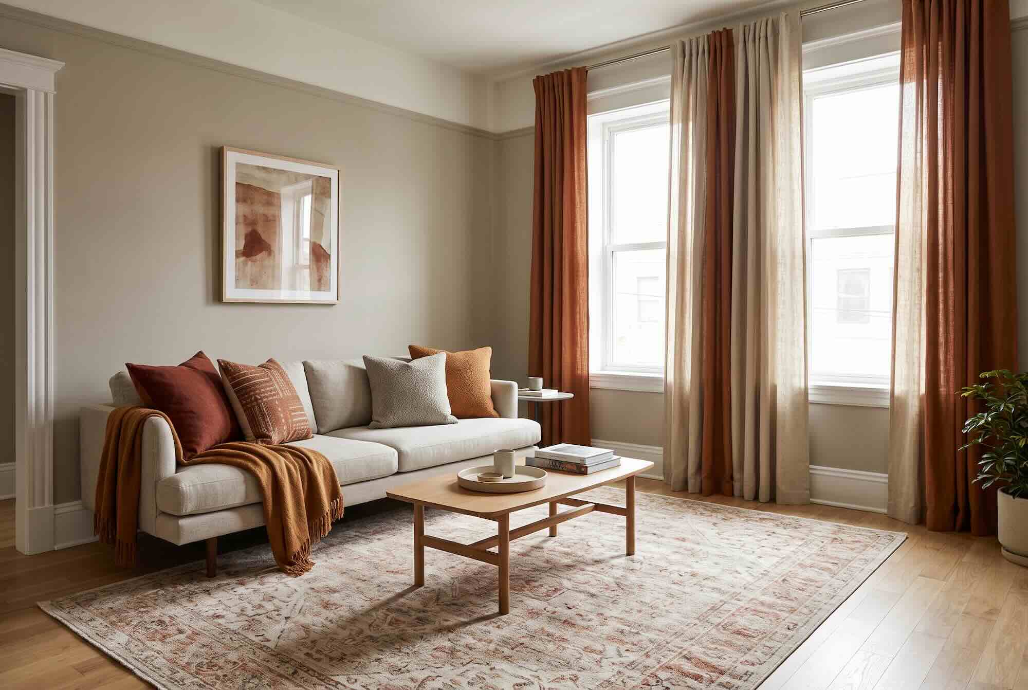 A living room with a patterned rug, blanket, and rust-colored curtains.