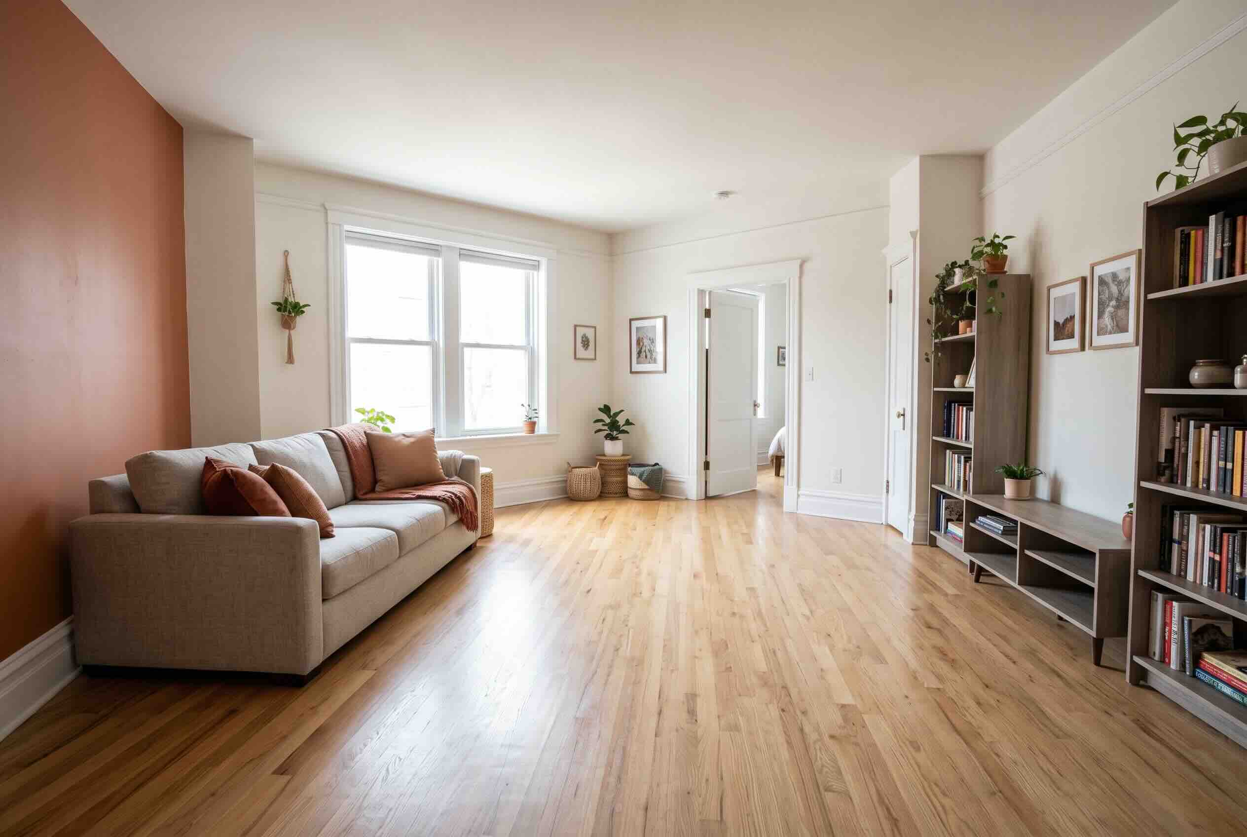 A living room with the sofa and bookshelf pushed against the walls to maximize open floor space.
