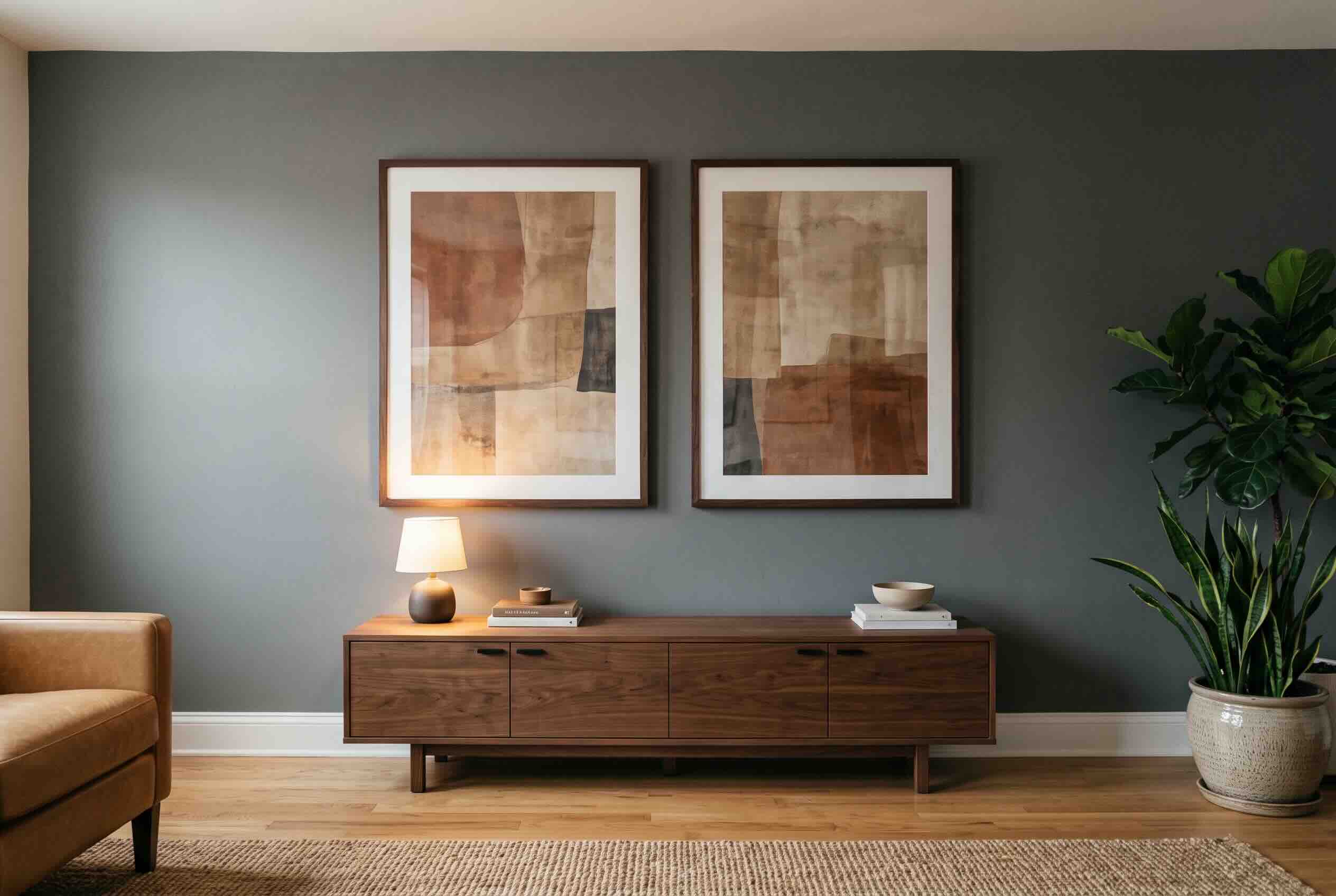 A long wooden cabinet centered under two large, symmetrically hung framed art pieces.