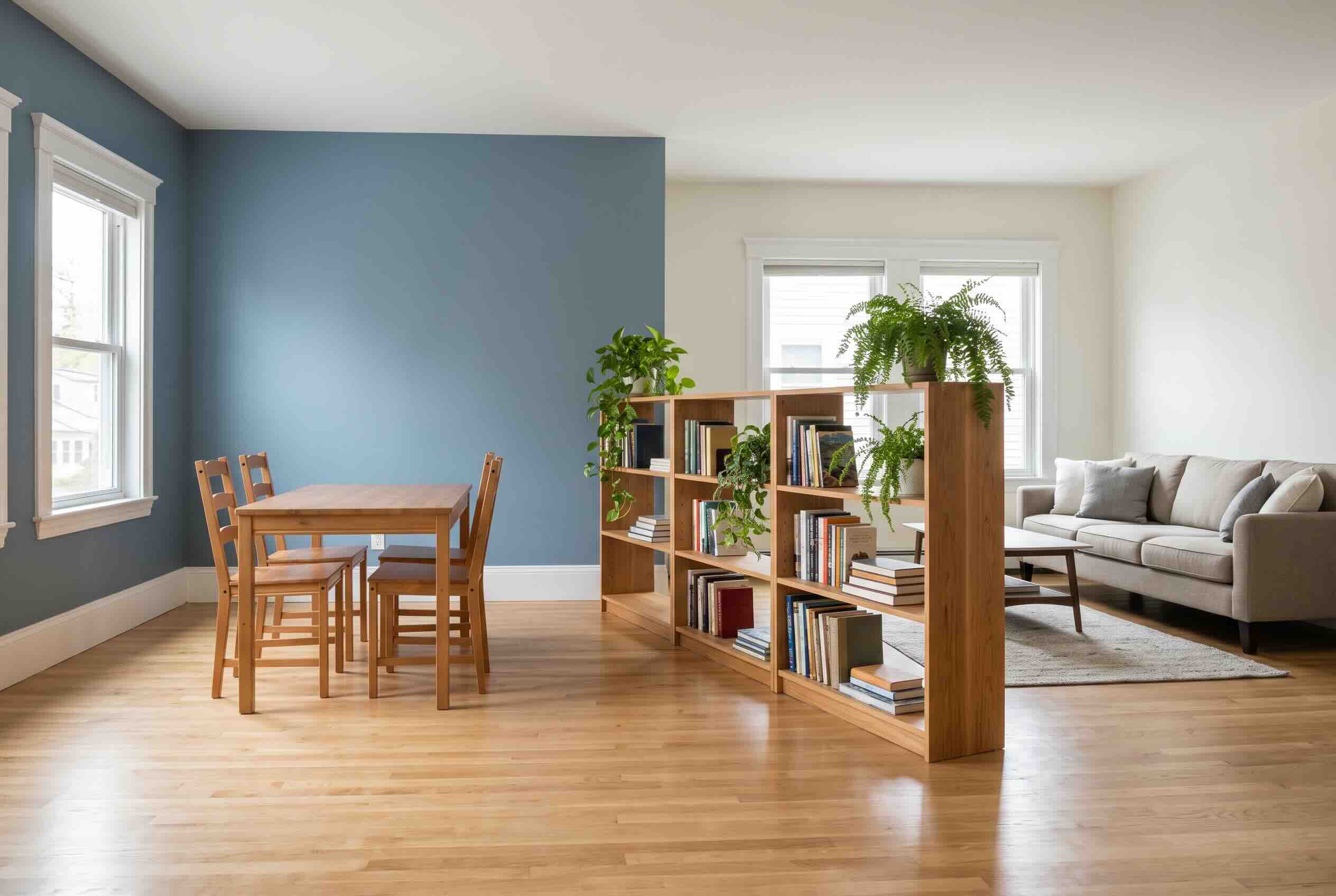 A low, open-backed bookshelf separating a dining table from a living room sofa.