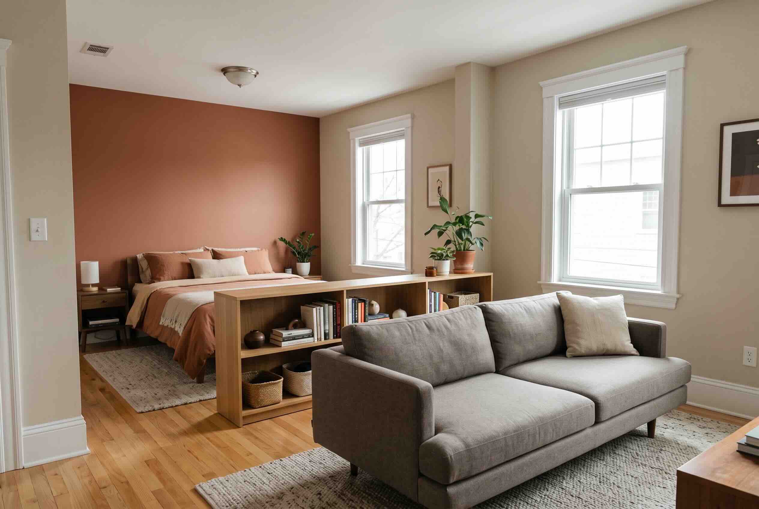 A low wooden bookshelf used as a room divider separating a bed from a living room sofa.