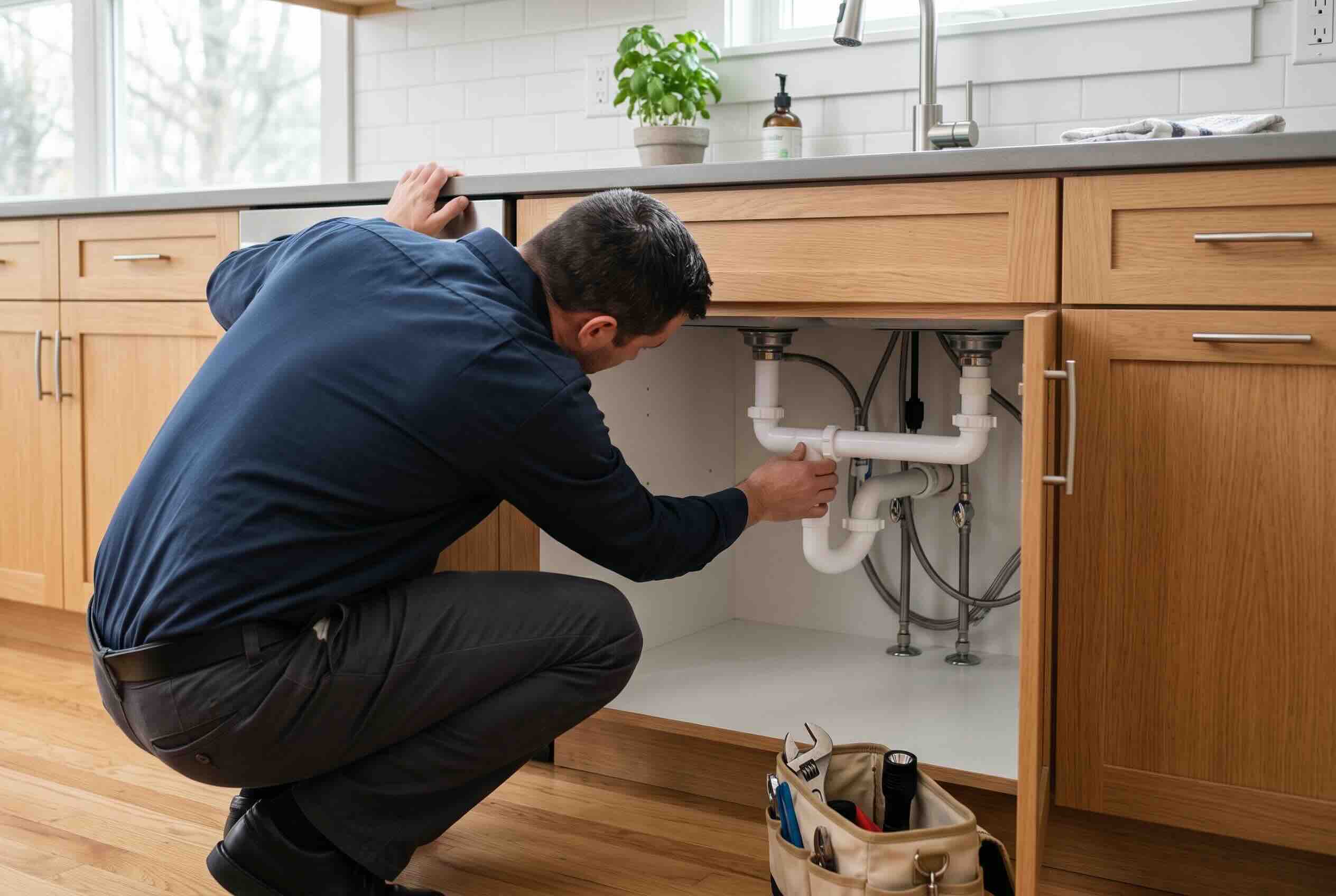 A maintenance worker repairing the plumbing under a kitchen sink.
