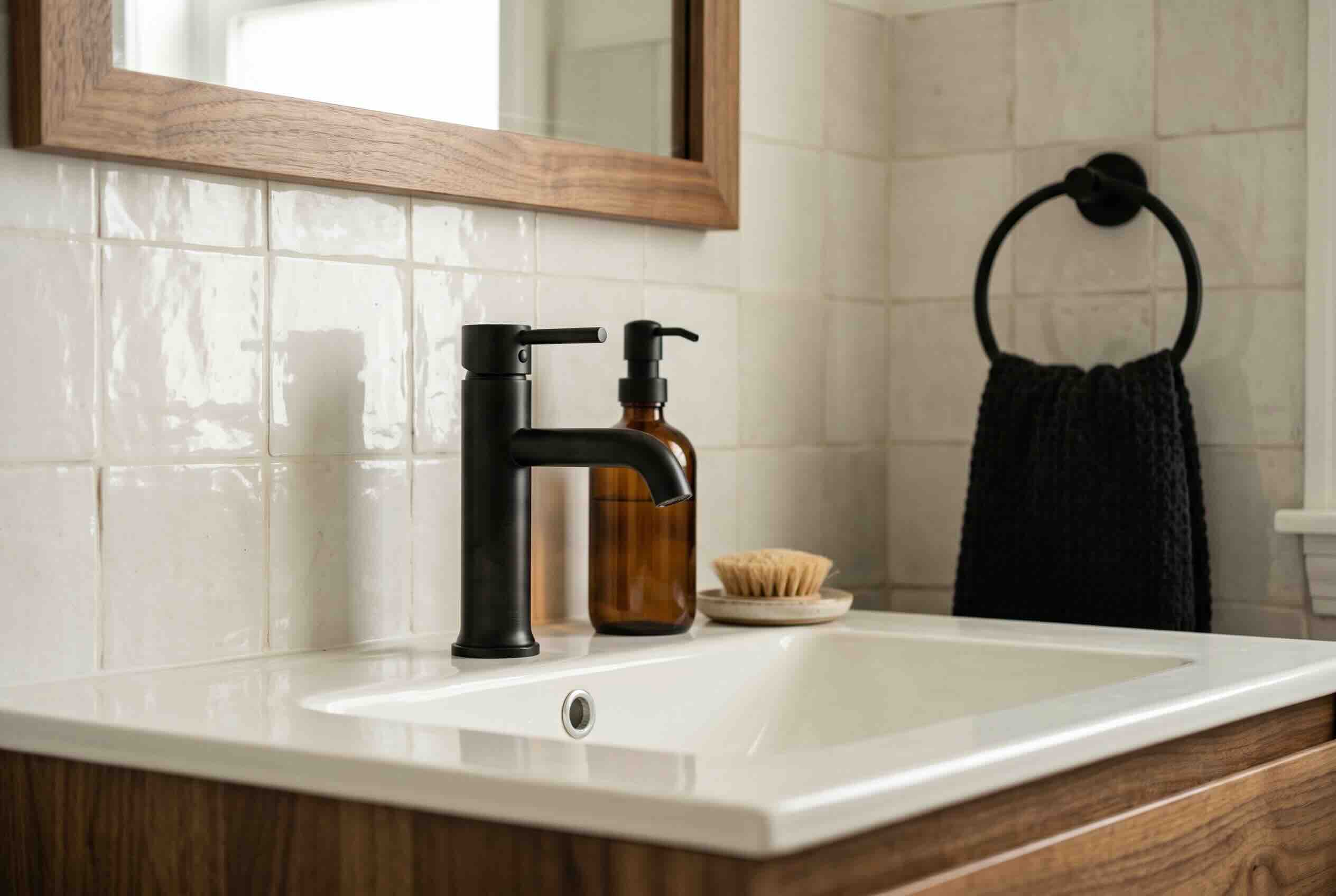 A matte black faucet and towel ring installed above a white bathroom sink.