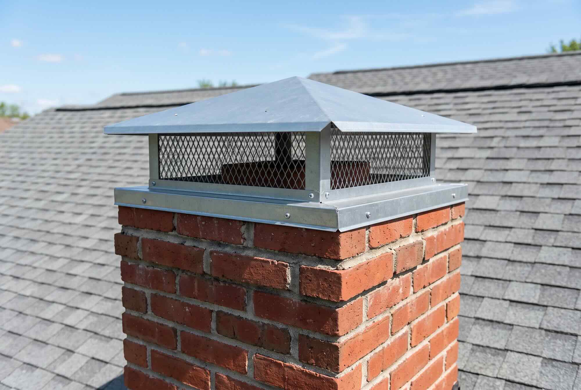 A metal chimney cap with protective wire mesh screening installed on top of a red brick chimney.