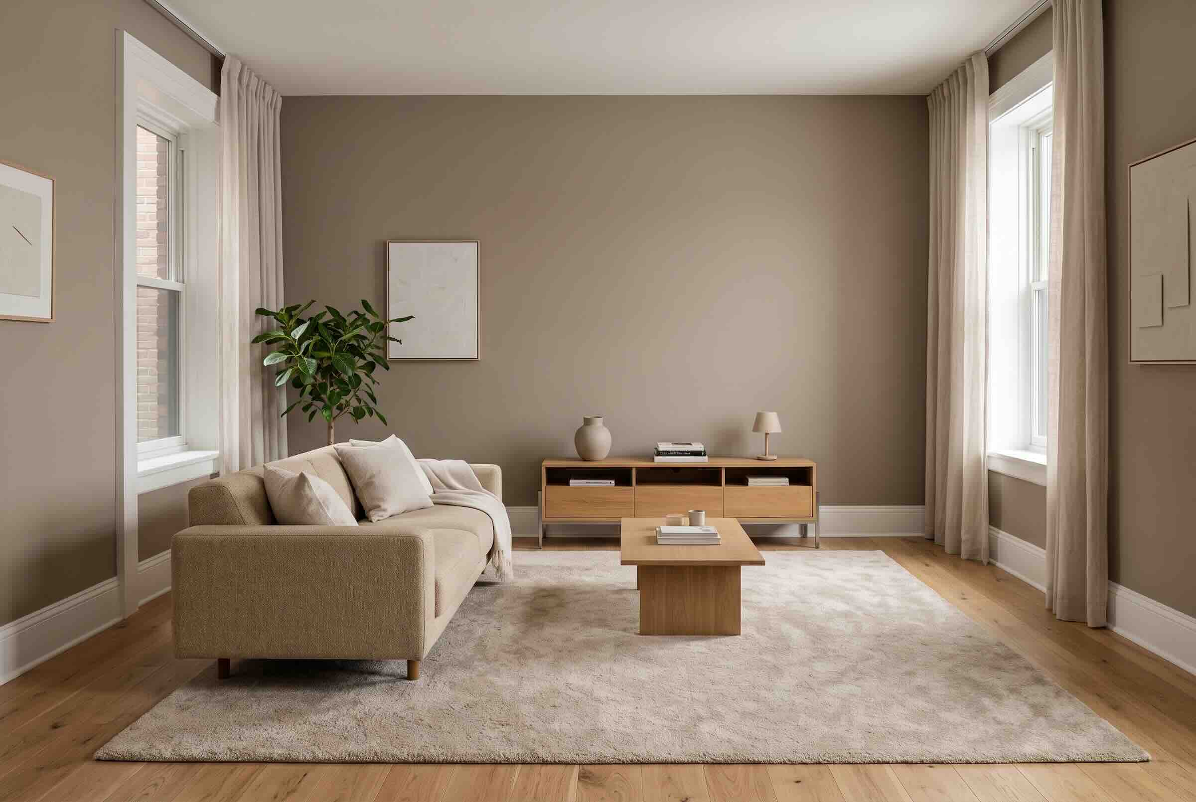 A minimalist living area with a beige sofa and wood coffee table against a taupe wall.