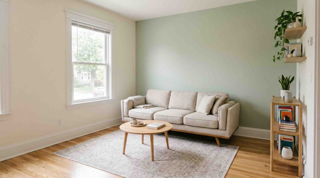 A minimally furnished small living room with a sofa, coffee table, and narrow shelving unit.