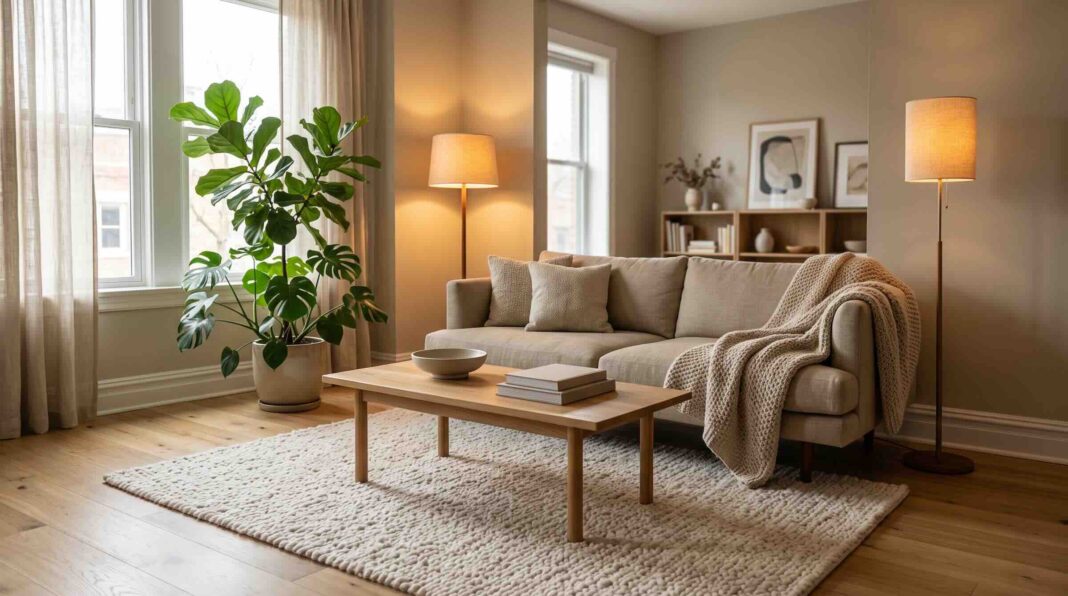 A modern living room with a beige sofa, potted plant, and floor lamps.