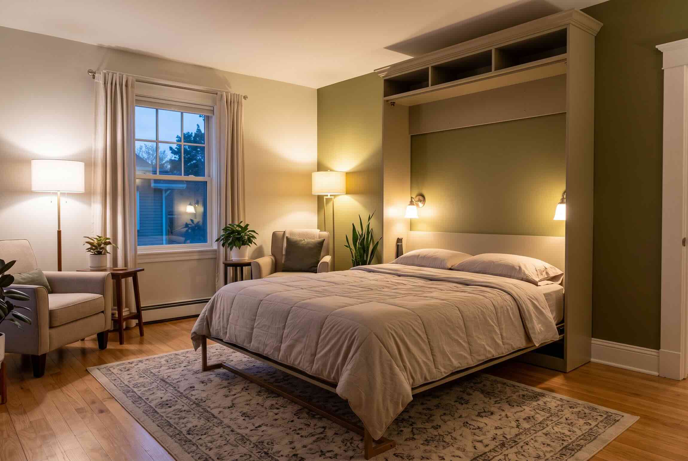 A modern Murphy bed pulled down into a bedroom setting with built-in overhead storage.