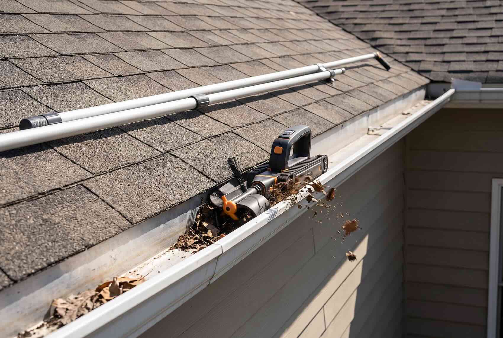 A motorized gutter cleaning robot moving through a leaf-filled trough.