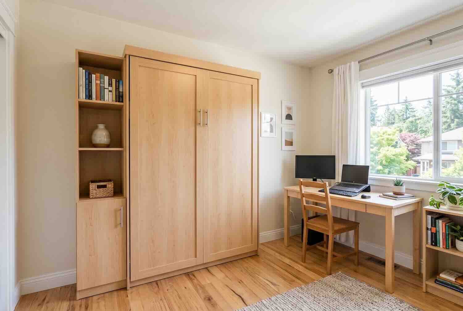 A Murphy bed folded up into a wooden cabinet to free up floor space for a home office.