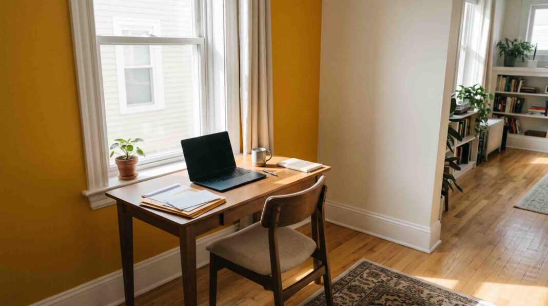 A narrow wooden desk equipped with a laptop and documents set up as a work nook by a bright window.