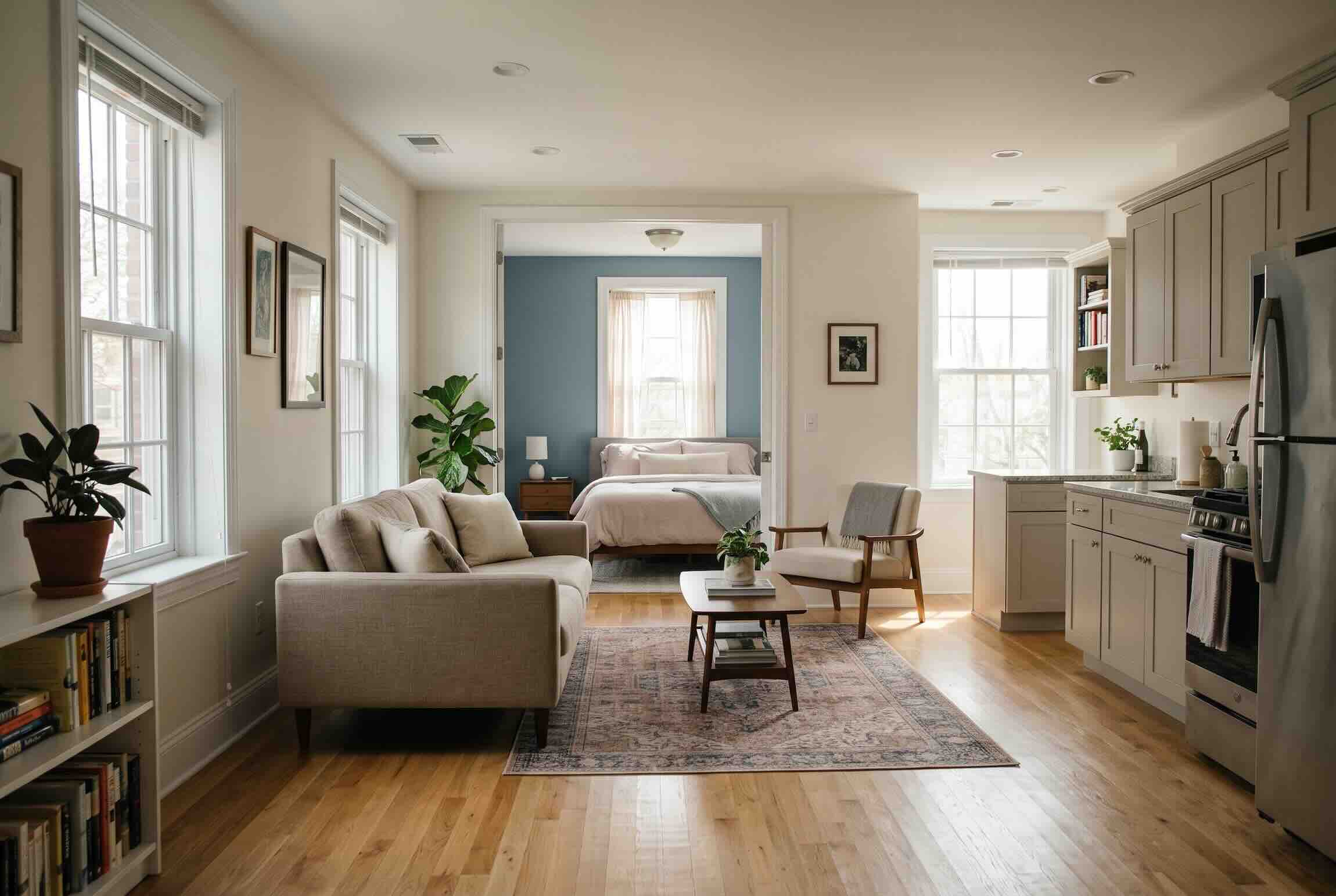 A one-bedroom apartment layout featuring a living room separated from the bedroom by an interior wall and open doorway.