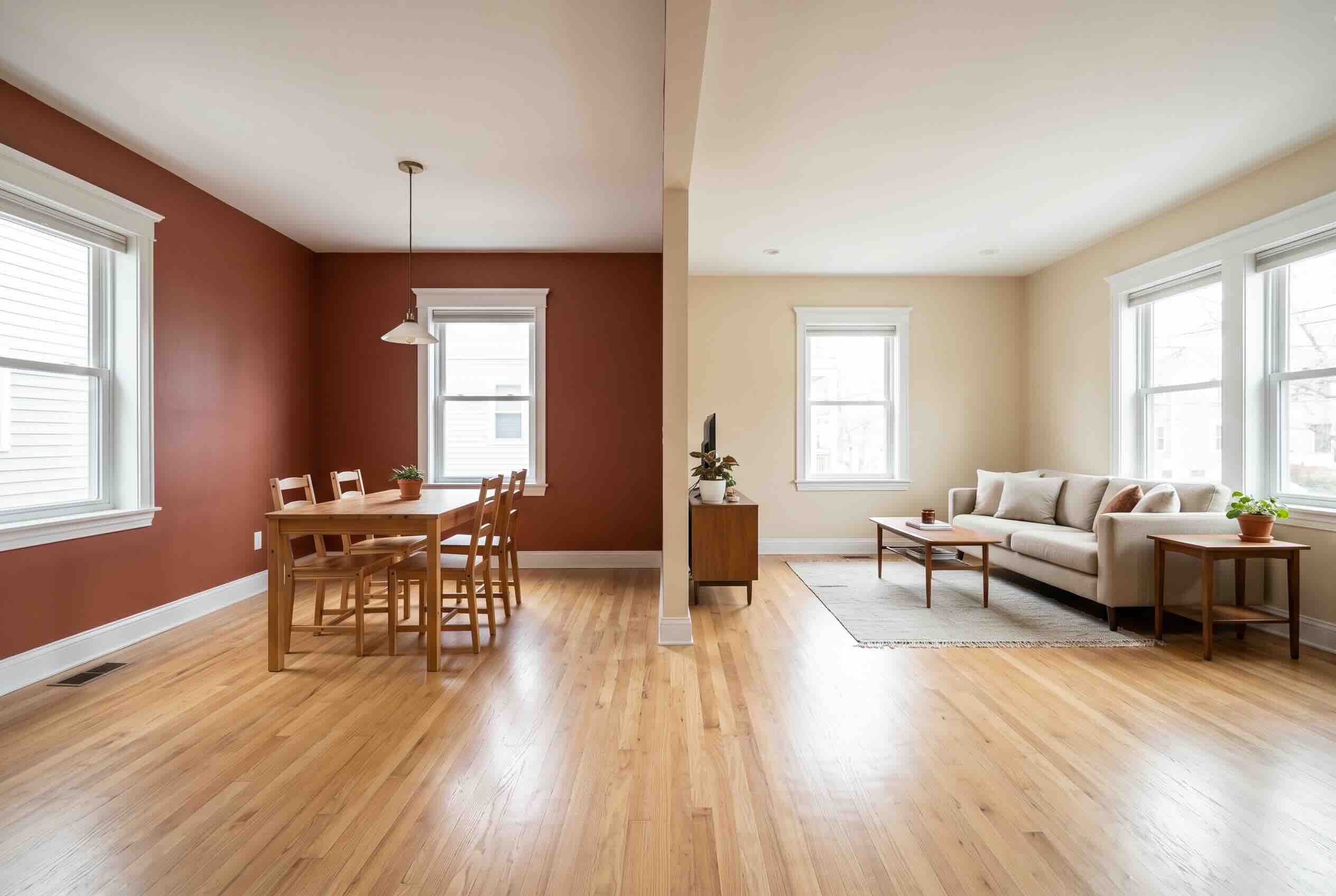 A painted accent wall defining the dining zone in contrast to the lighter living area.
