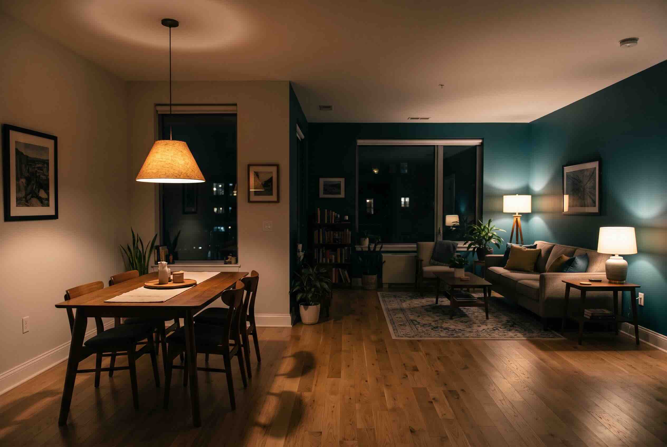 A pendant light hanging over a dining table, with separate lamps illuminating a living area.