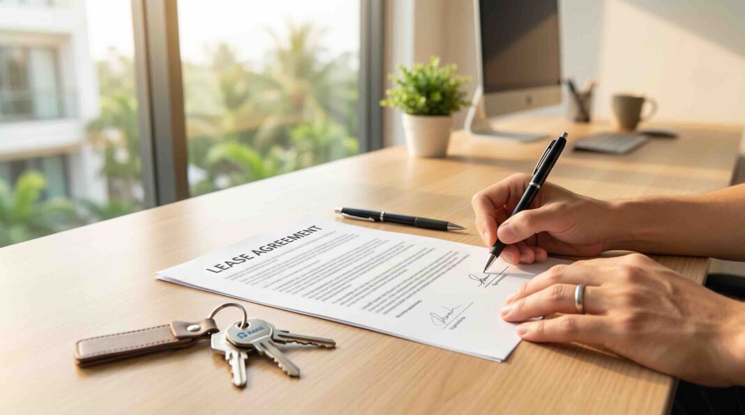 A person signing a printed lease agreement on a wooden desk with house keys nearby.
