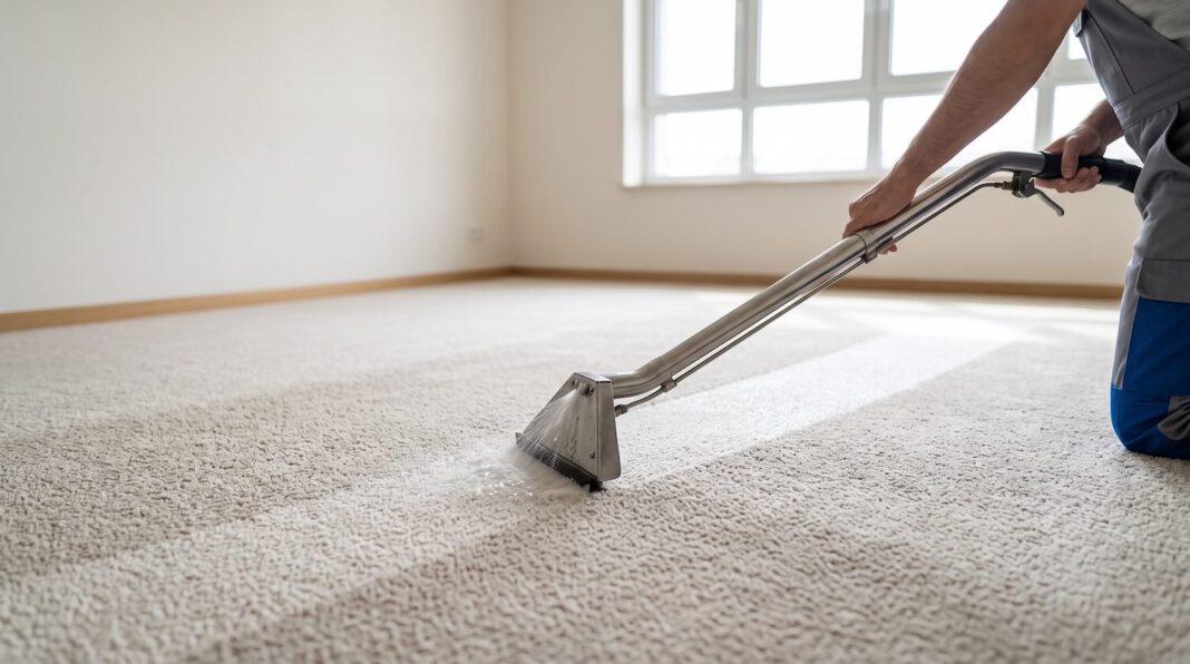 A person using a carpet cleaning extraction wand on a light-colored carpet.