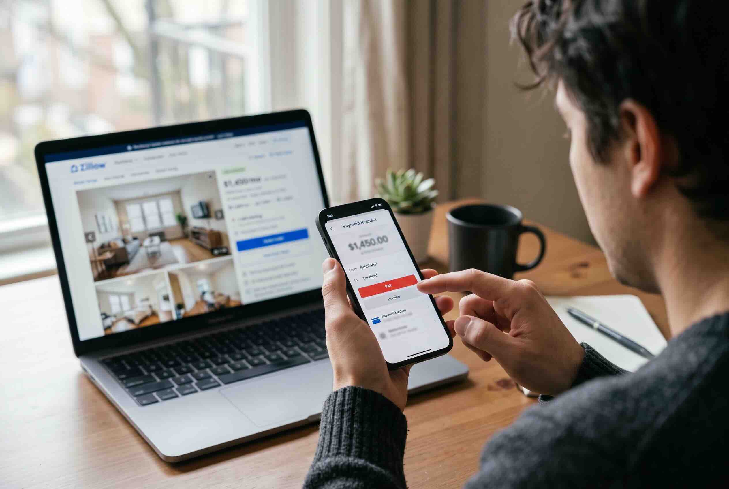 A person using a smartphone to review a rental payment while looking at an online apartment listing.