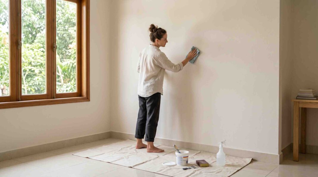 A person washing a wall with a sponge and soapy water.