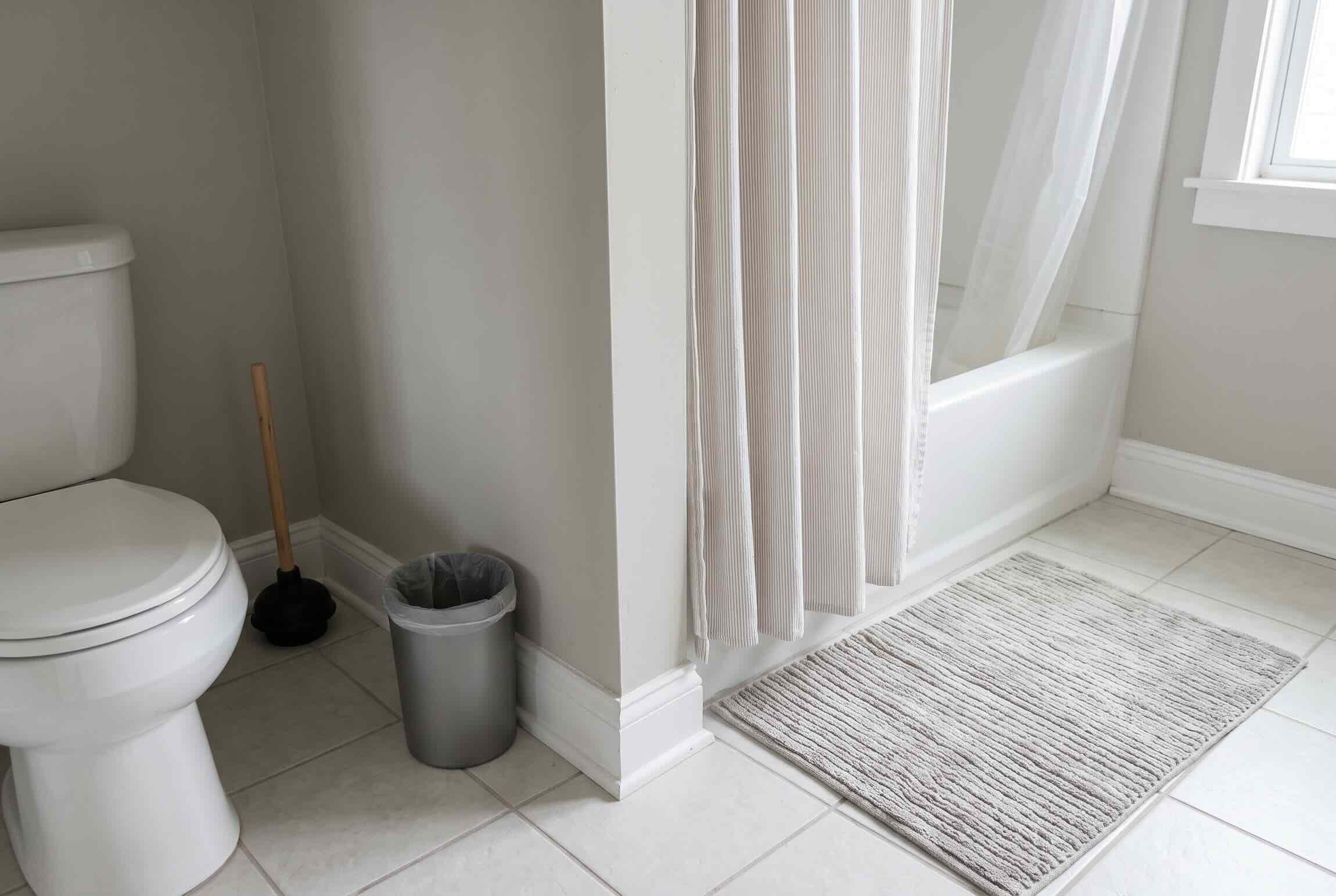 A plunger and a small trash can placed next to a white toilet.