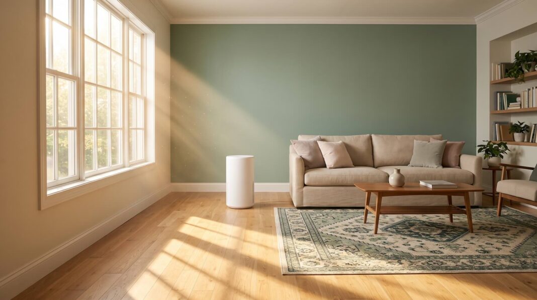 A portable air purifier operating in a sunny living room.