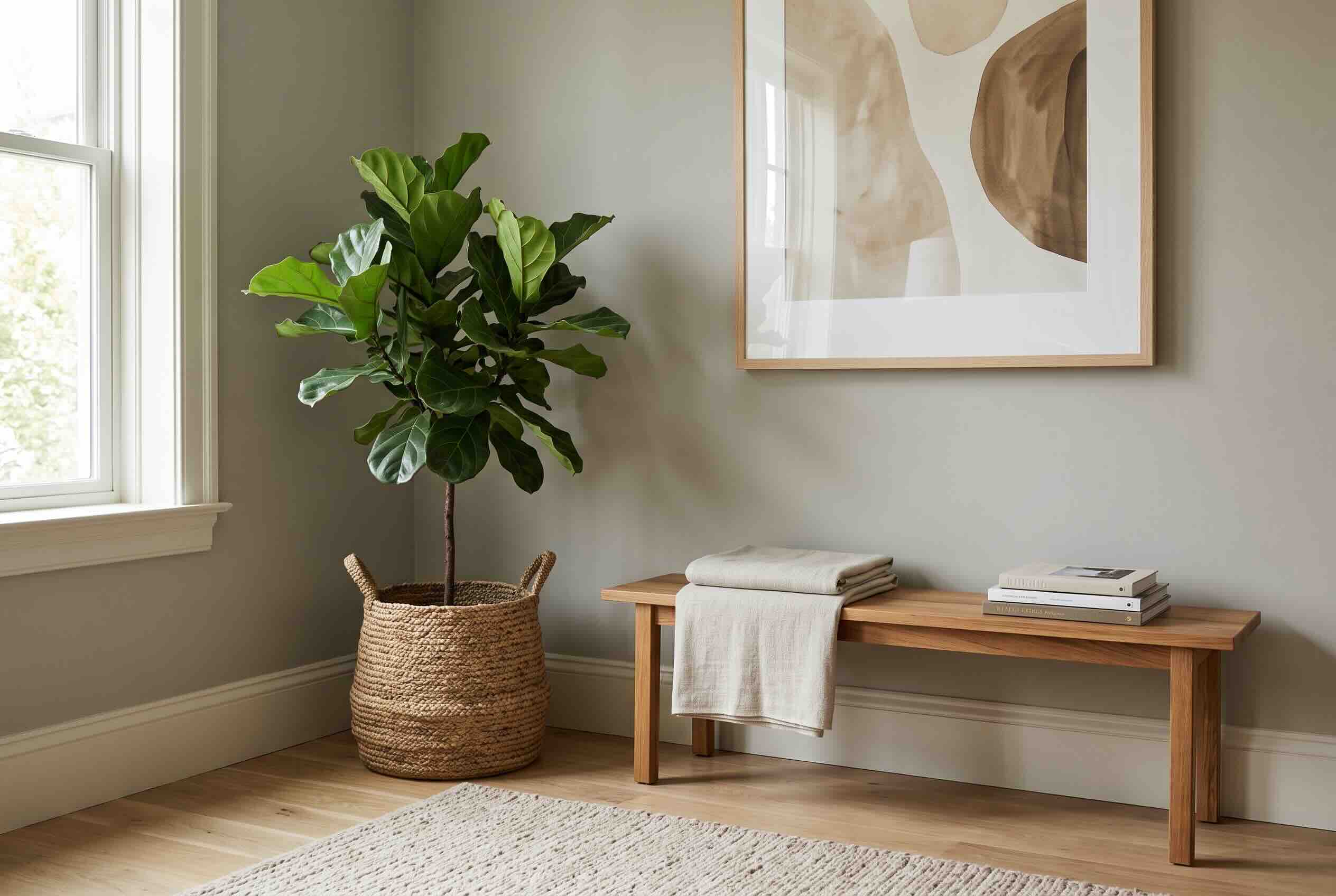 A potted fiddle leaf fig in a woven basket next to a wooden bench.