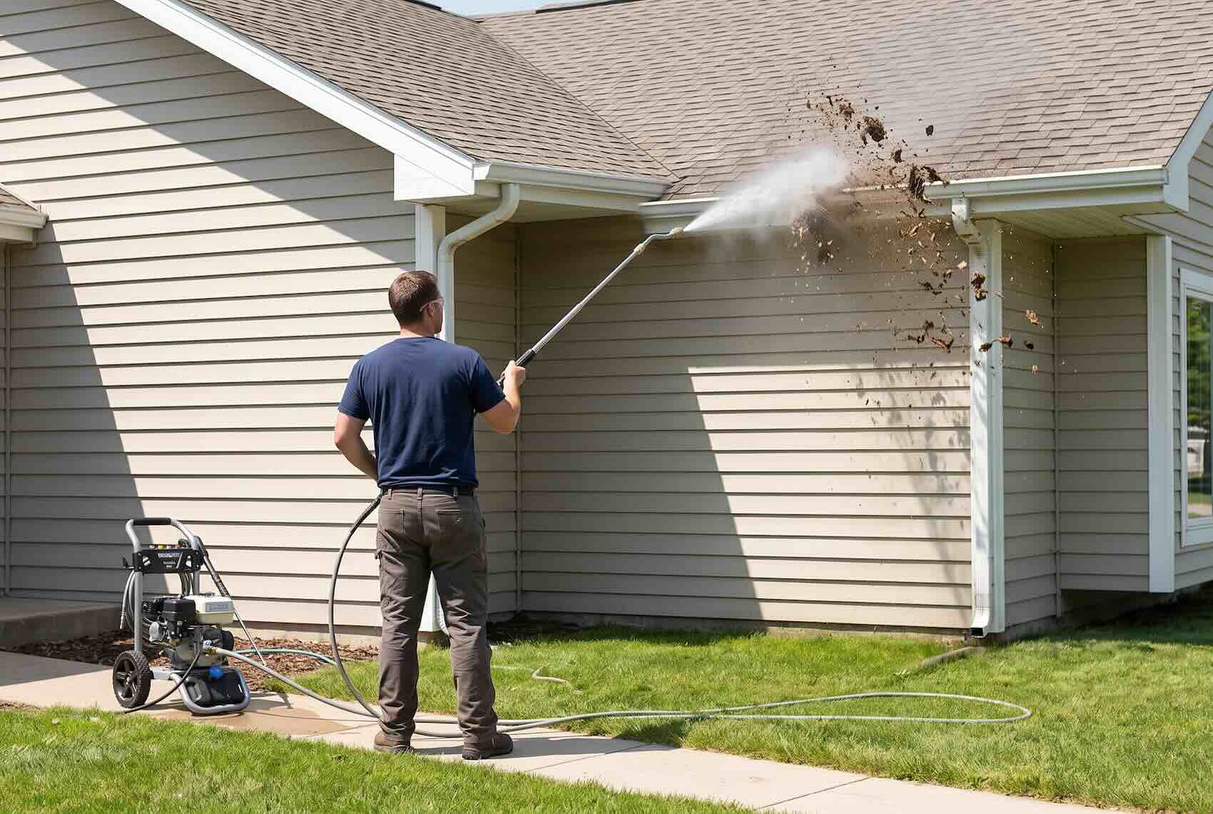 A pressure washer wand blasting debris out of a house gutter.