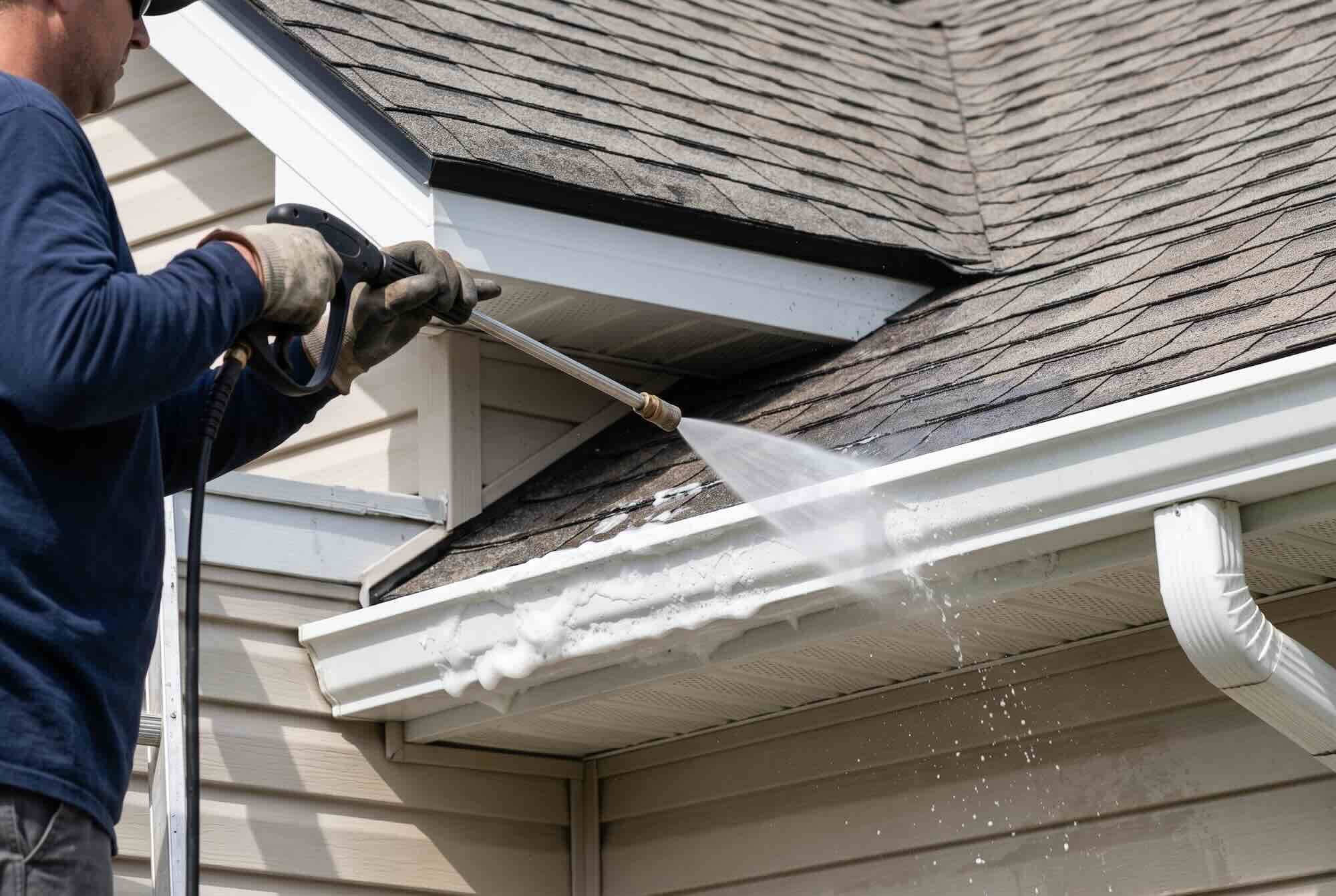 A pressure washer wand blasting high-pressure water and soapy foam inside a roof gutter.
